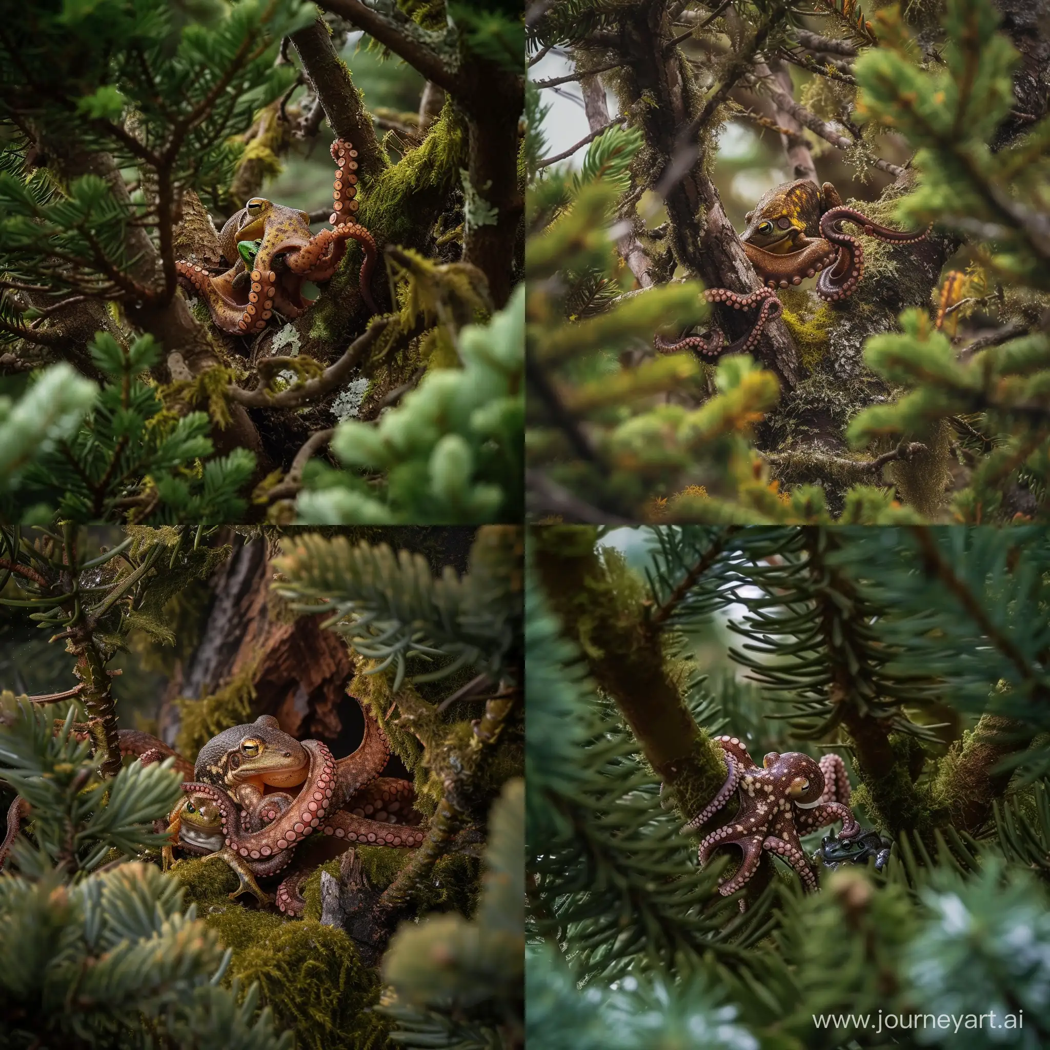Enchanting-Forest-Encounter-Octopus-Feasting-on-Pacific-Tree-Frog-Amidst-Pine-Branches
