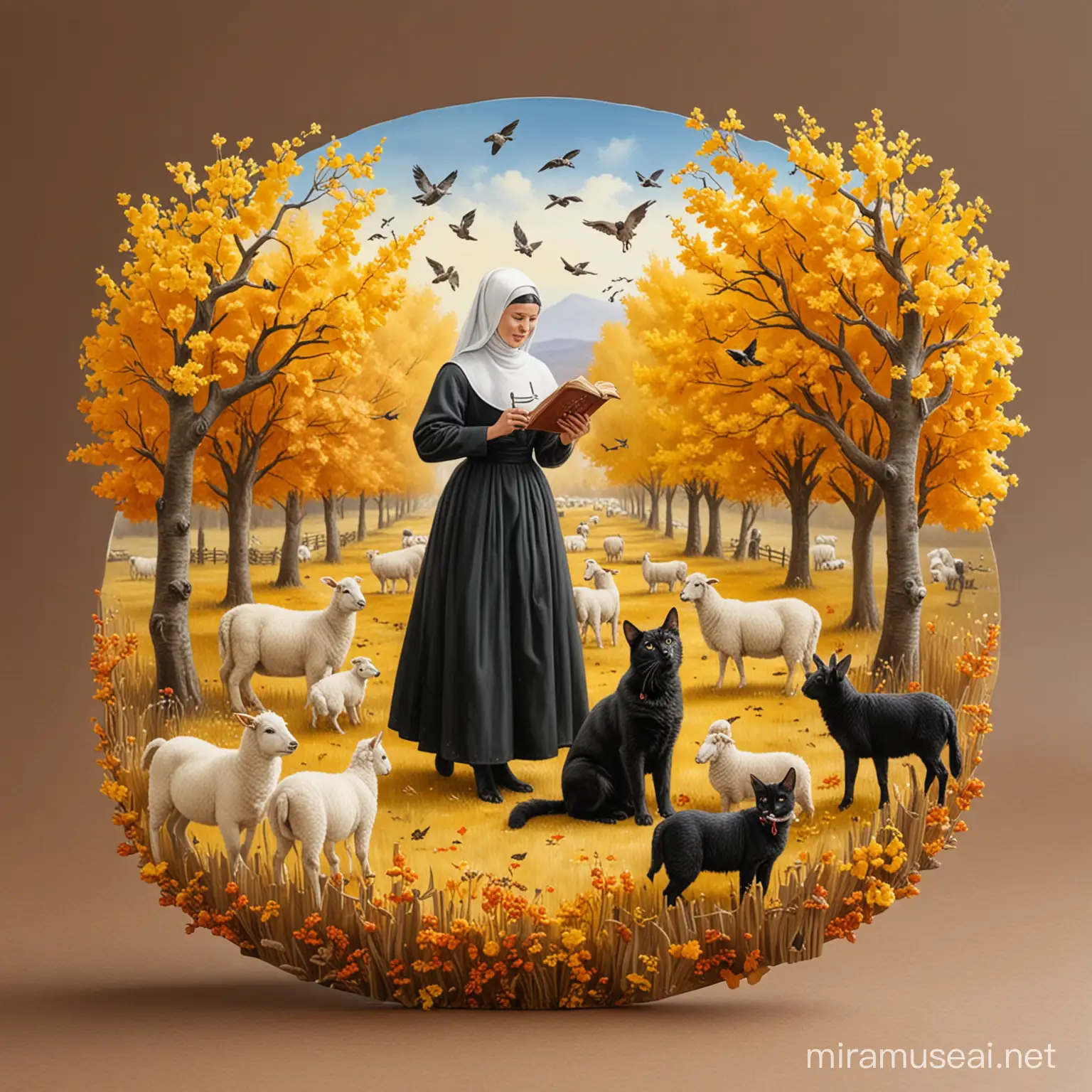 alsatian, nun, birds, black cat, sheep and yellow autumn tree
