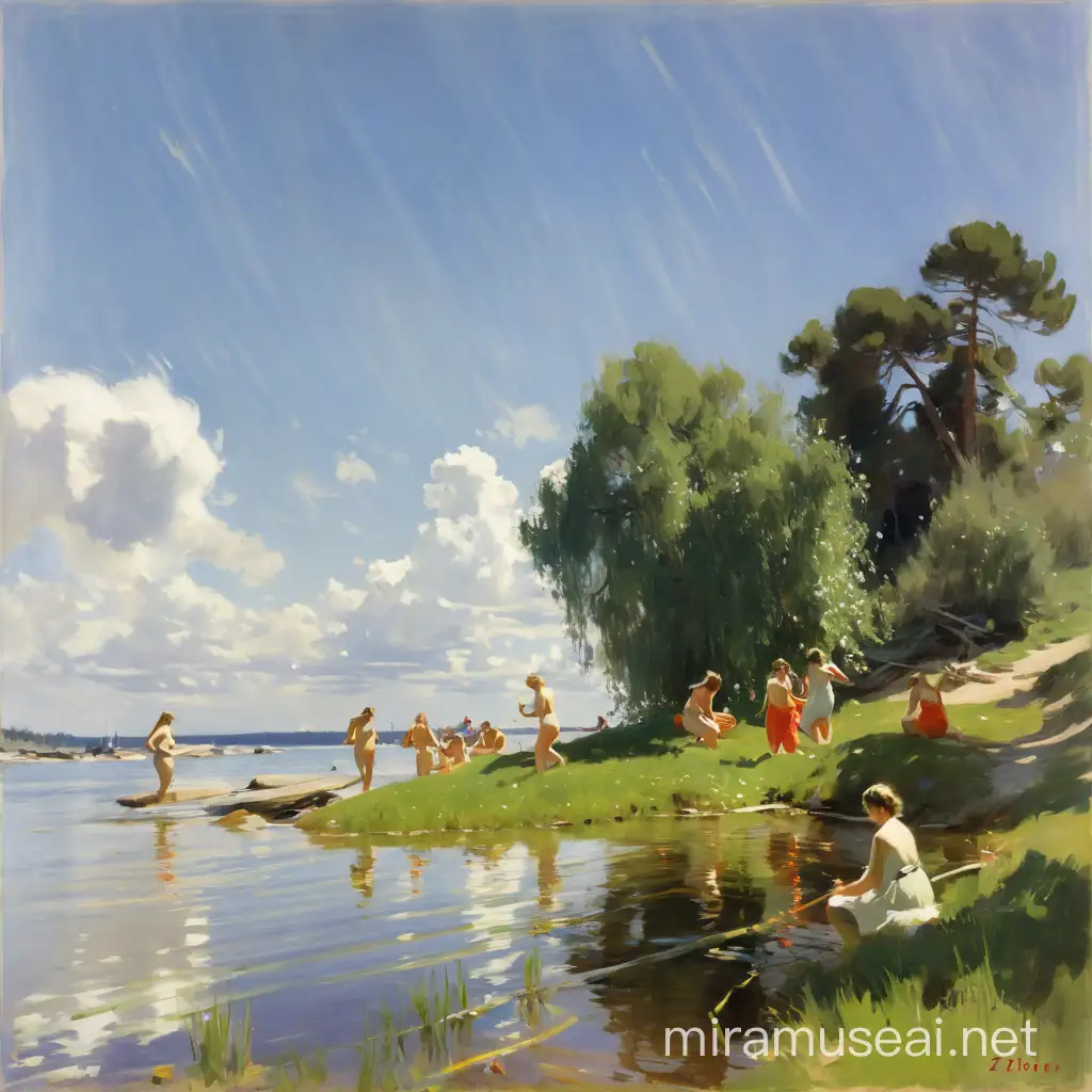 Anders Zorn Style Painting of Girls Bathing by the Riverside