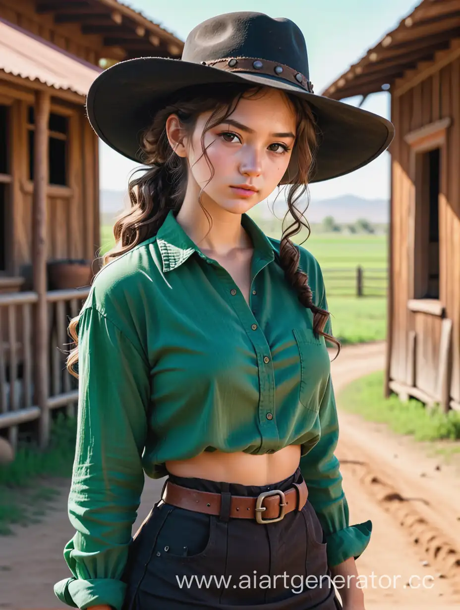  girl from the farm on the wild west, worn out green shirt, wearing dirty black skirt, wide hat, low ponytail, curly hair