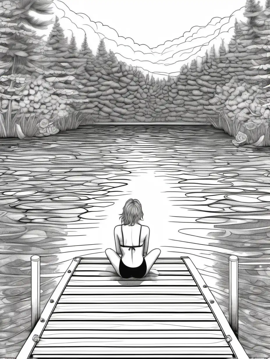 Adult coloring book. Black and white. High detail. A front view of a person sitting on a dock wearing a swimsuit, their feet in the water of a calm lake