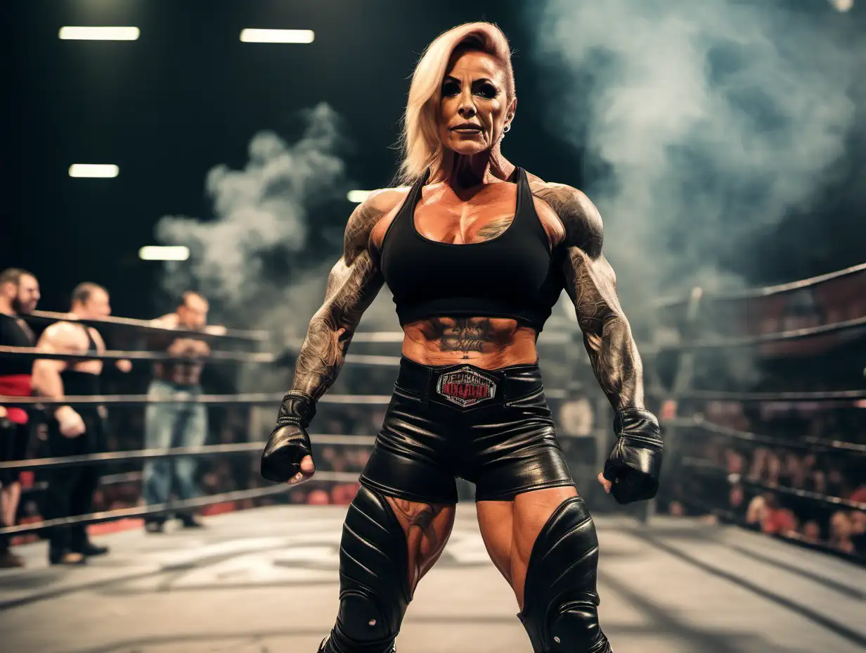 extremely muscular tattooed female bodybuilder jay fuchs with prominent veins in a black leather sports top black leather shorts and knee high black boots standing in a wrestling ring in a crowded smoke filled arena flexing her biceps