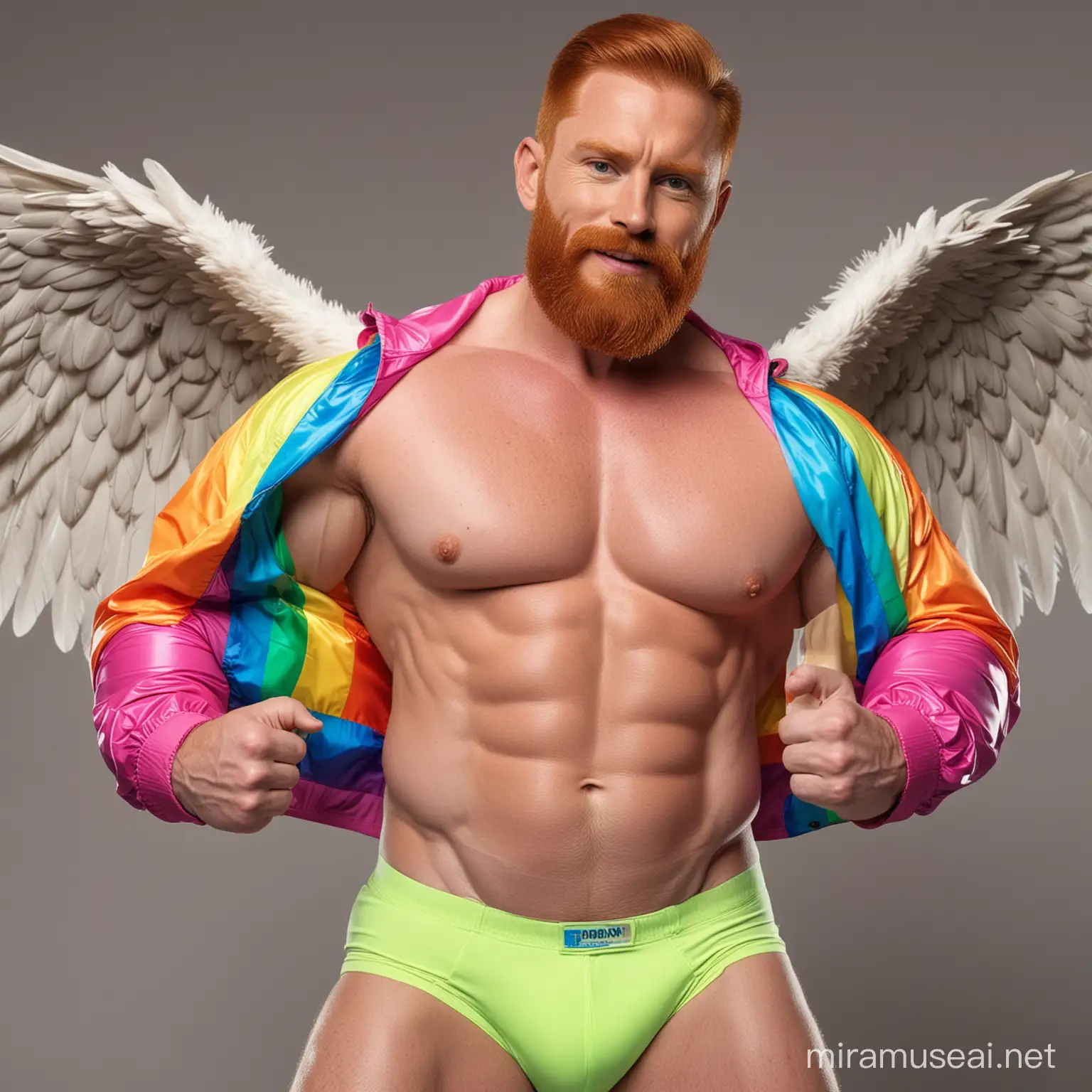 Muscular Redhead Bodybuilder Flexing with Colorful Jacket and Eagle Wings
