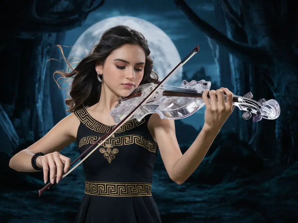 Девушка в греческом платье черного с золотом играет на скрипке хрустальному дракону