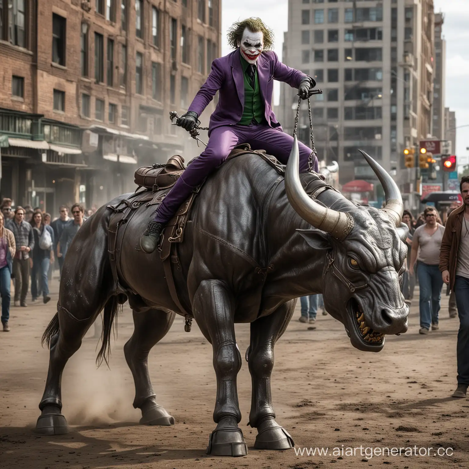 The-Joker-Riding-a-Steel-Bull-with-a-Fan-in-Hand
