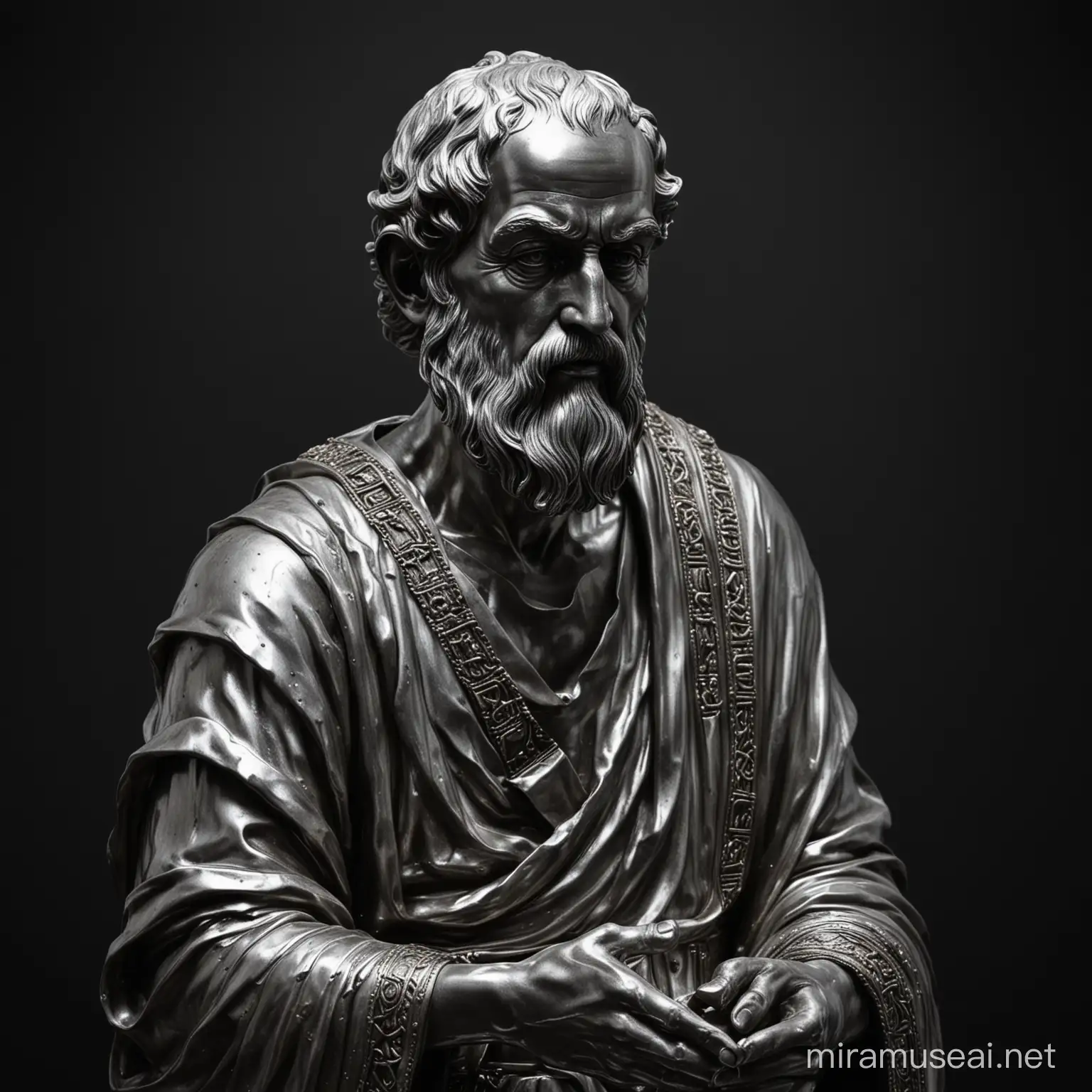 dans un fond noir, une statue en métal liquide argent d'un philosophe antique