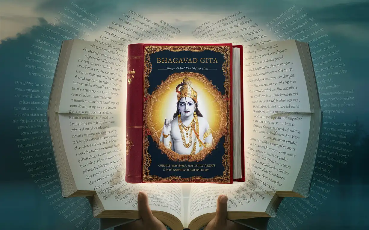 generate the image of The bhagavad Gita book with cover page lard sri krshna  in white and peace background in cinematic view with 16:9 for video creation  with catchy and impressive and it should be an eyeopener and highly inspirational