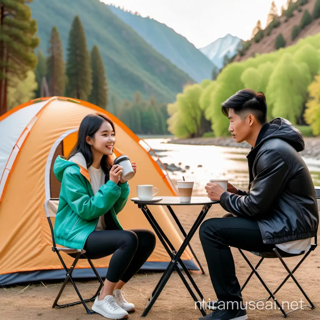 A beautiful asian woman with medium black hair and asian man sits on a portable folding chair in front of a tent.they has a clean face and is wearing a black trucker jacket, black pants, and white shoes. In her hand, she holds a cup of hot coffee, while a thermos of hot water is placed on a portable folding table beside her. The scene is set on the banks of the American River, with vibrant green and fresh grass surrounding her. In the background, tall mountains covered in dense forests serve as a backdrop. The sky is adorned with white clouds, casting minimal light on the scene. The image is captured in ultra HD, showcasing the original photo with high detail and sharpness. The aesthetic of the image leans towards realism, with a photography style reminiscent of a Leica camera.