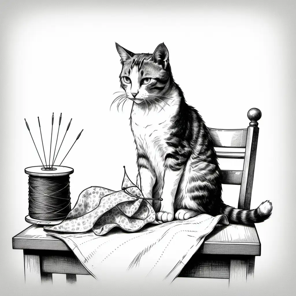 black and white sketch of a cat sewing