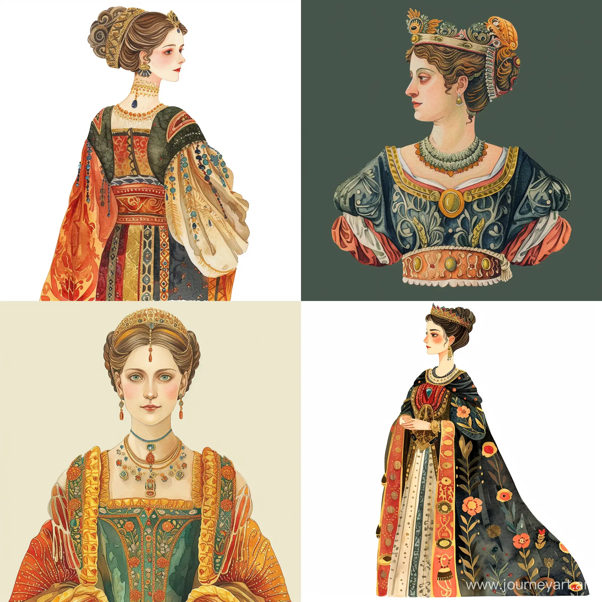 ornamental waist portrait of the ancient queen of Italy, in rich clothes, watercolor style, decorative flat illustration, Victor Ngai style --v 6 --ar 1:1 --no 99274