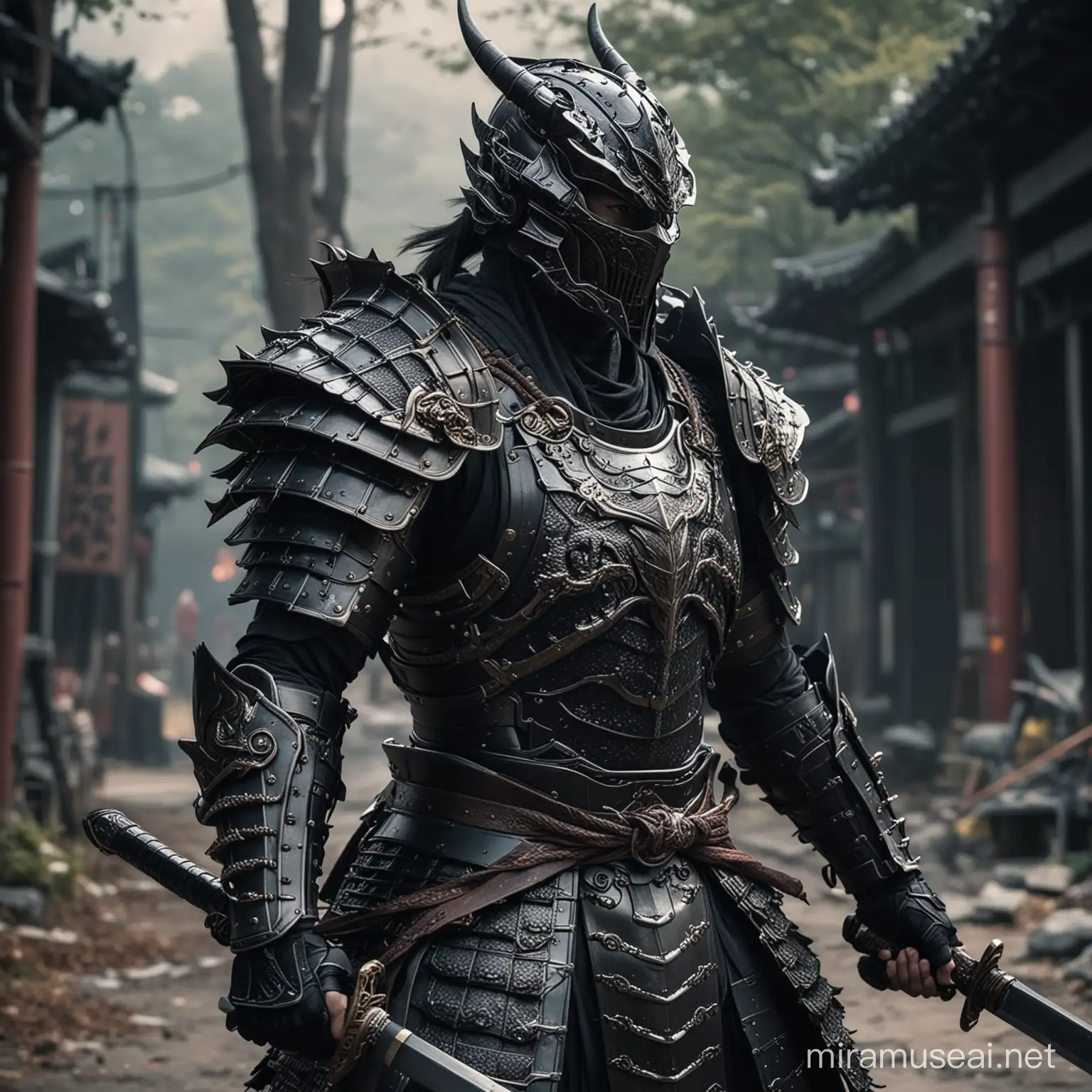 samurai cyborg wear a black armor, dragon pattern armor, fight an  death army, wide angle photoshoot, big shoulder, hold a big sword, realistic armor, steel armor, details on armor , details in face,  complex design, cinematic lighting, cinematic color, d.o.f, fight in broken city, dark scene, 