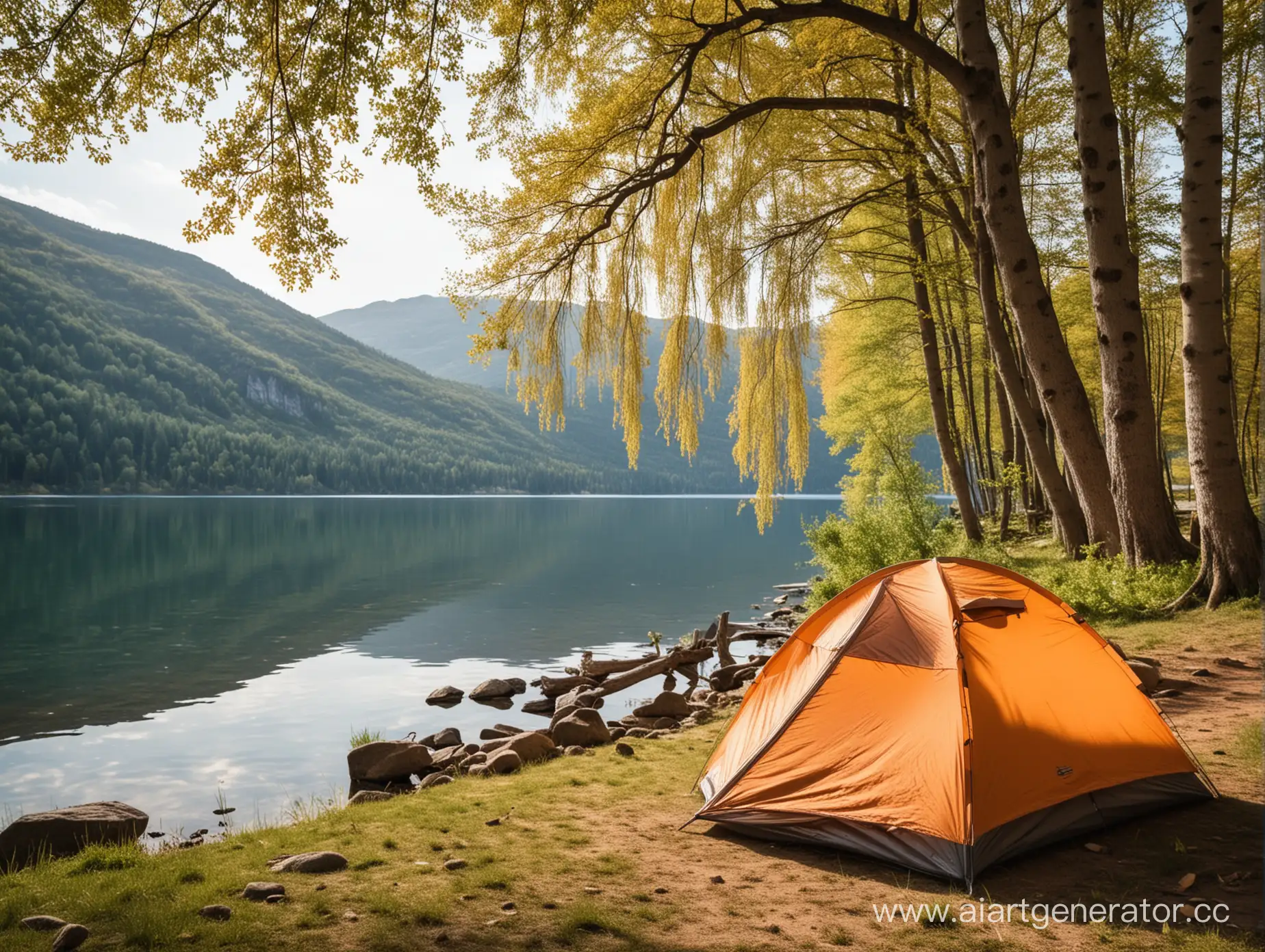 Палатка на берегу озера
