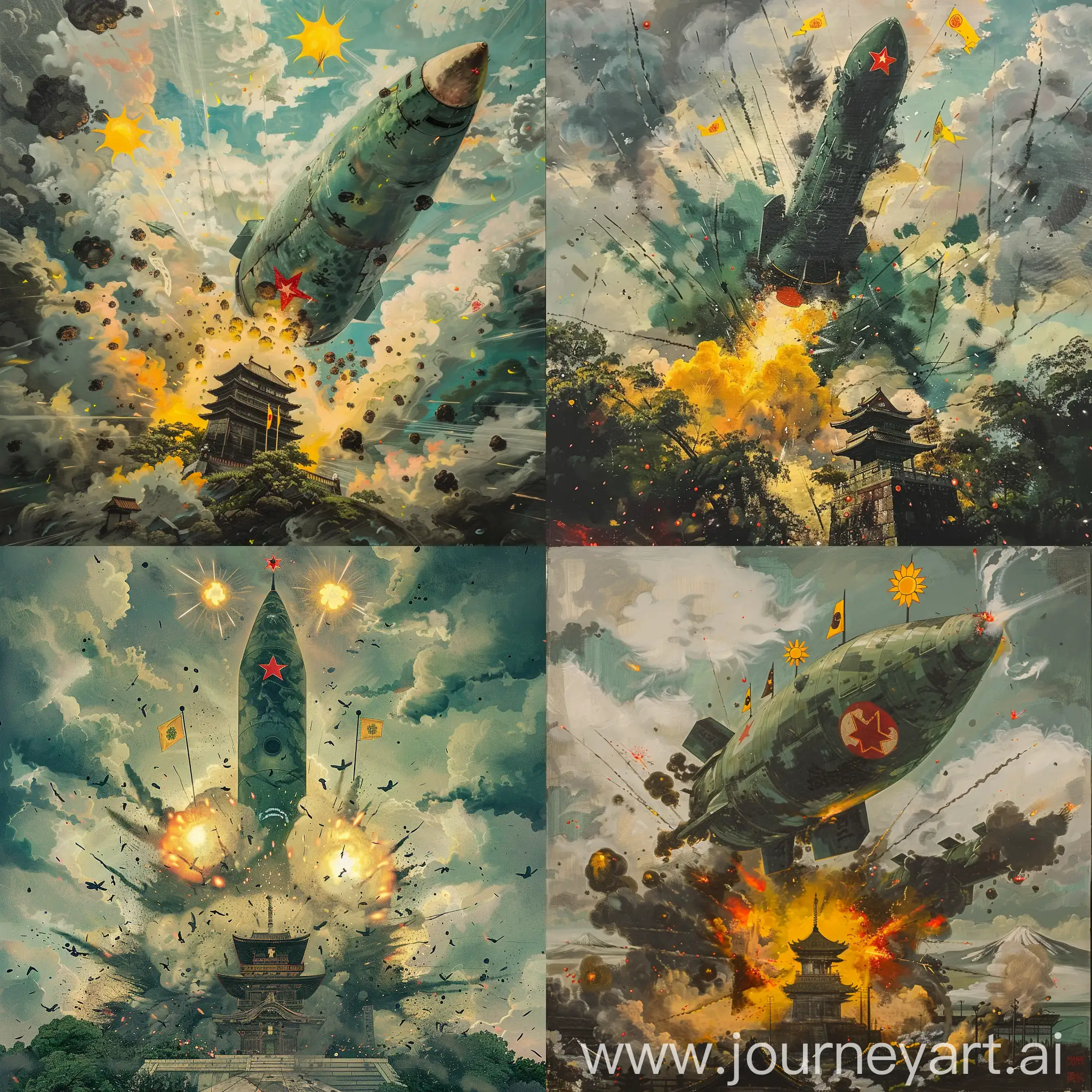 Historic painting mode:

an explosion scene, a giant deep green color Chinese missiles DF21, with a red star emblem in the middle of this missile, is attacking the Japanese Yasukuni shrine under fire,

they are yellow black color Japanese imperial emblems flags on the top of shrine,

three small yellow suns in cloudy sky,