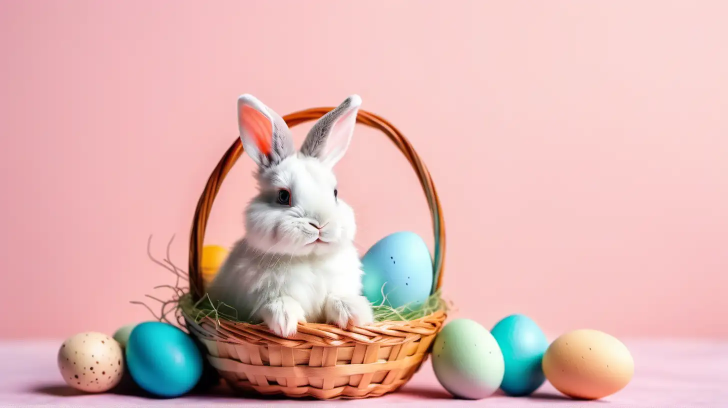 easter concept, Cute bunny and easter egg in basket on pastel color background, text space, cozy sence 

