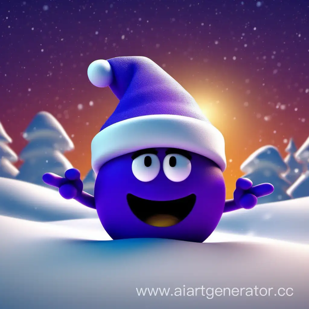 Хмурящийся 3D смайлик с шапкой Деда Мороза стоит на небольших сугробах и показывает ругащий жест указательным пальцем на фоне темно-синего фиолетового неба, размеры 800 на 800

