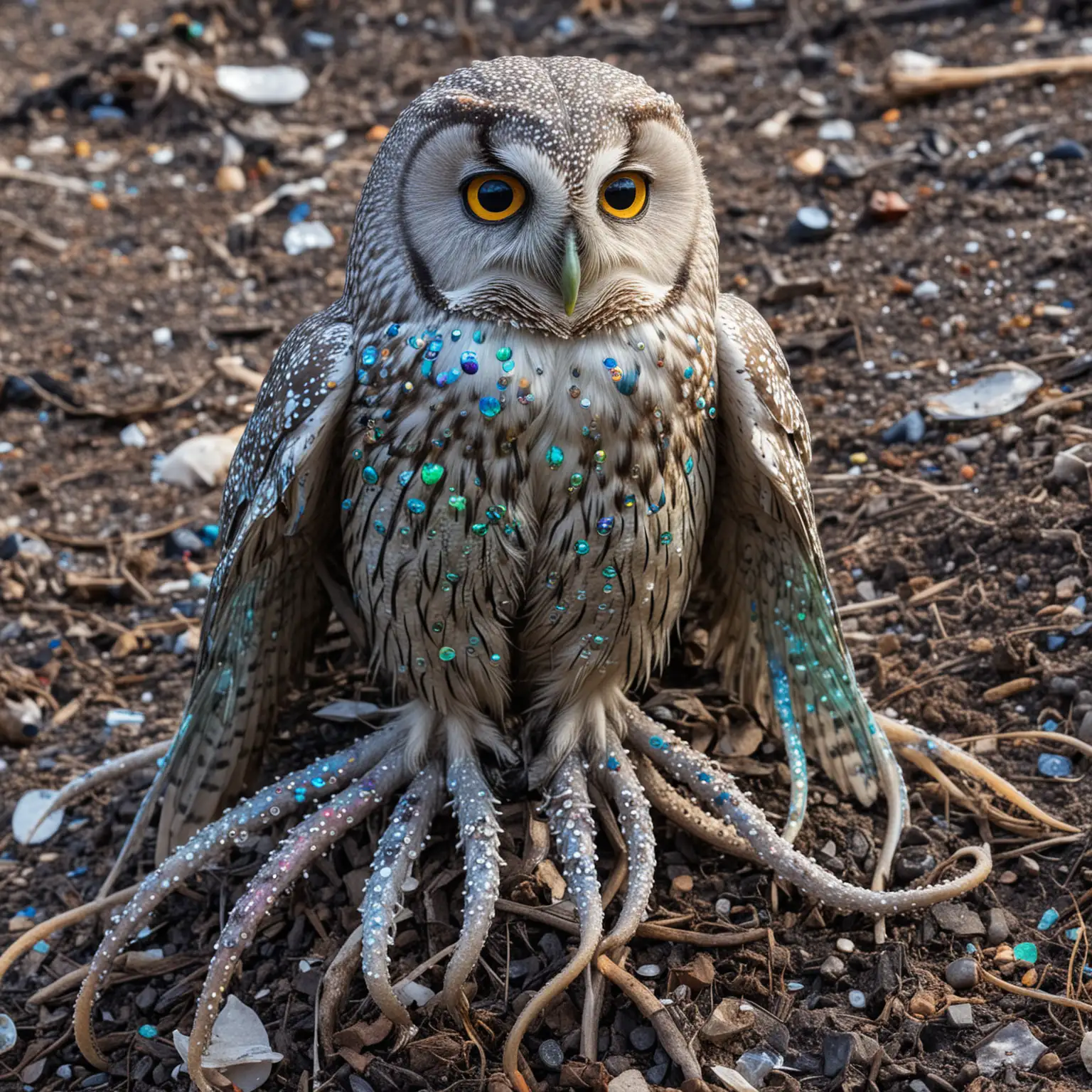 Slimy iridescent tentacles on an owl at a garbage dump site. Tentacles coming from wings all over, ground has lots of dots and pores