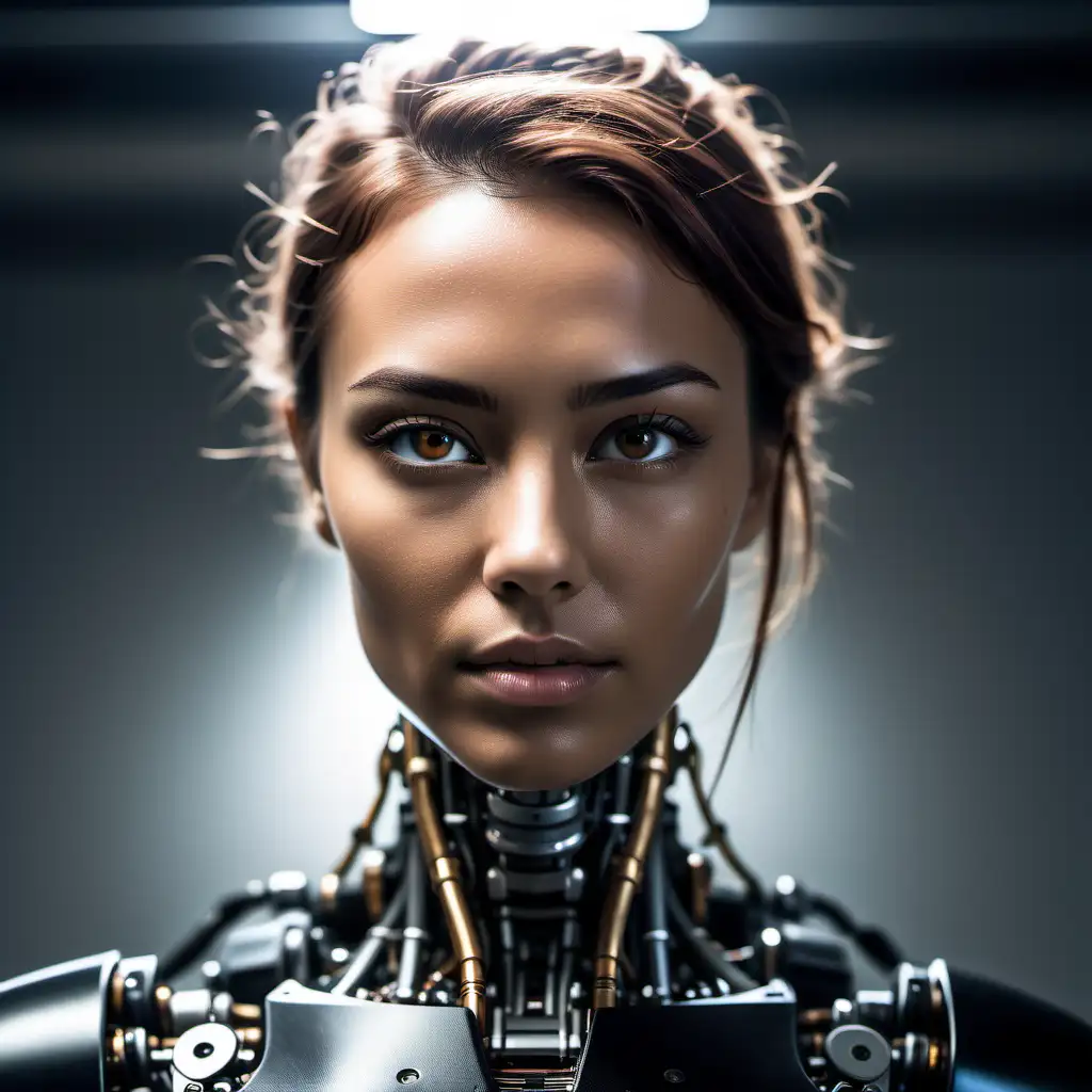 face of a half robot half human   imagine a medium shot of medium tanned woman wearing a black t-shirt captured with a Nikon D850 and a Nikon AF-s  NIKKOR 70-200mm f/2.8E FL ED VR lens, lit with high-key lightning to create a soft and ethereal feel, a shallow depth of field. S. classy, intelligent, 35 years old