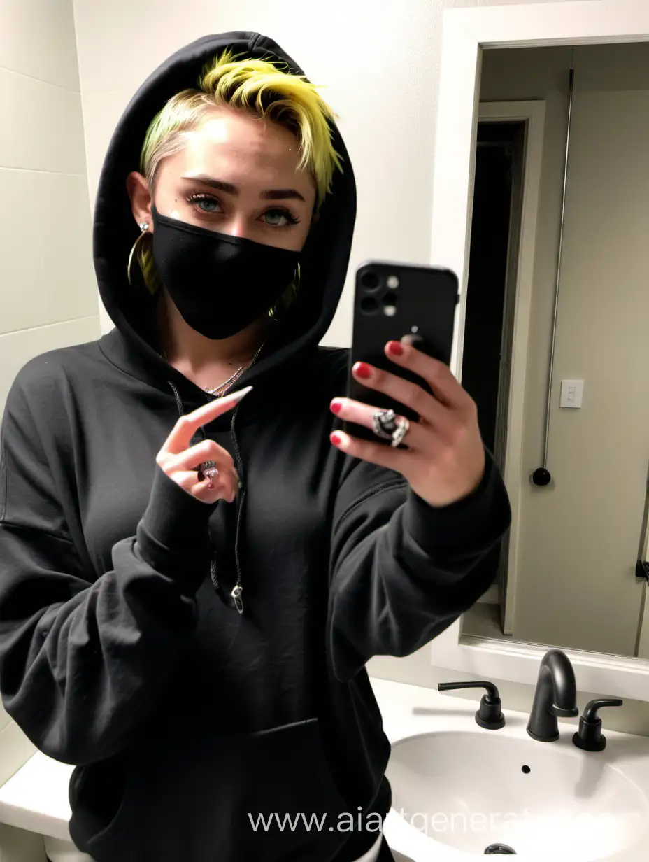 miley cyrus with no tattoos wearing a black hoodie and a jason mask taking a selfie in a bathroom mirror
