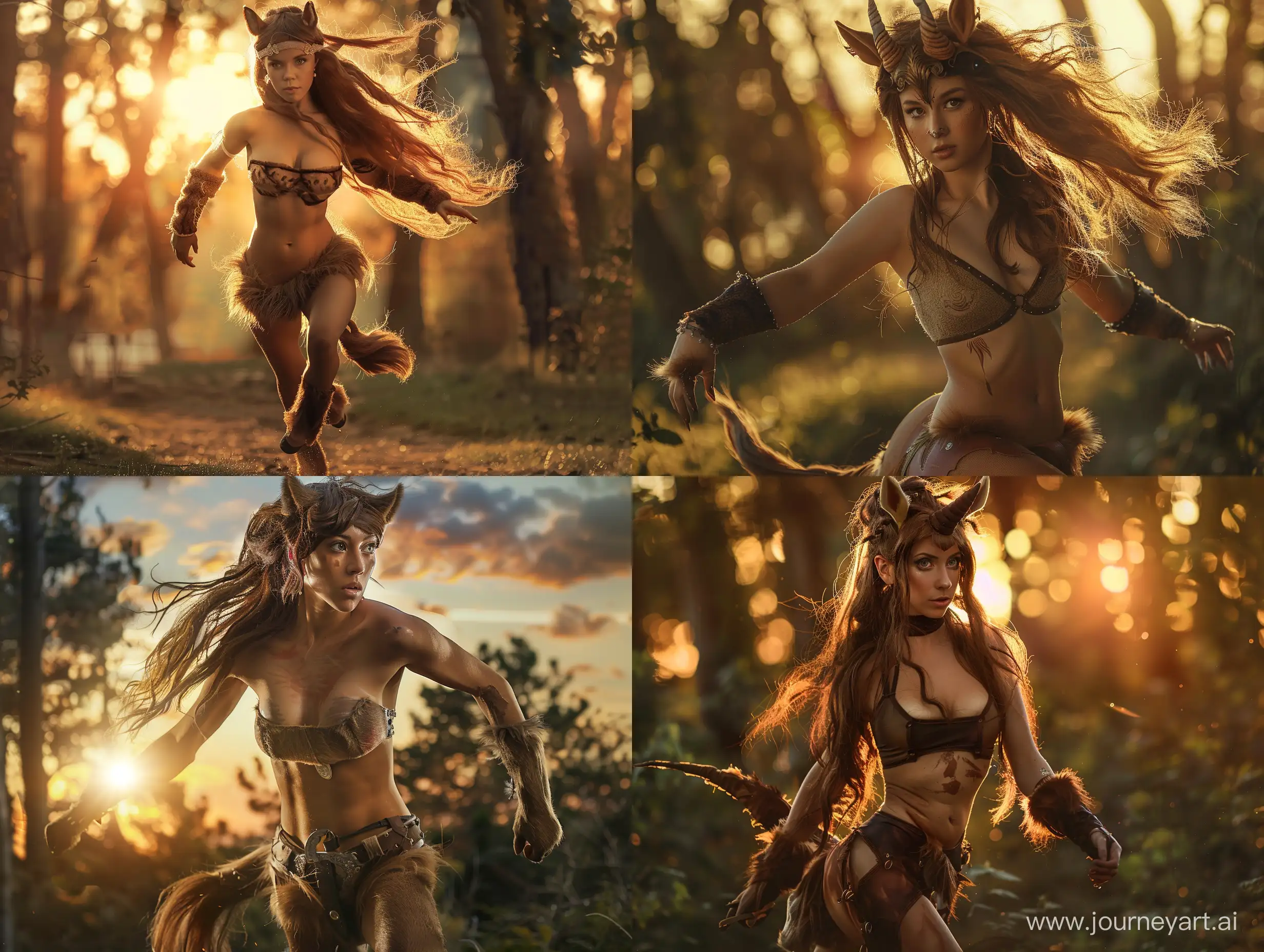 A photograph of a centaur. She has loose brown hair and a chest. She has hooves, fur and a tail. She is gallopping in a forest at sunset. Full body picture