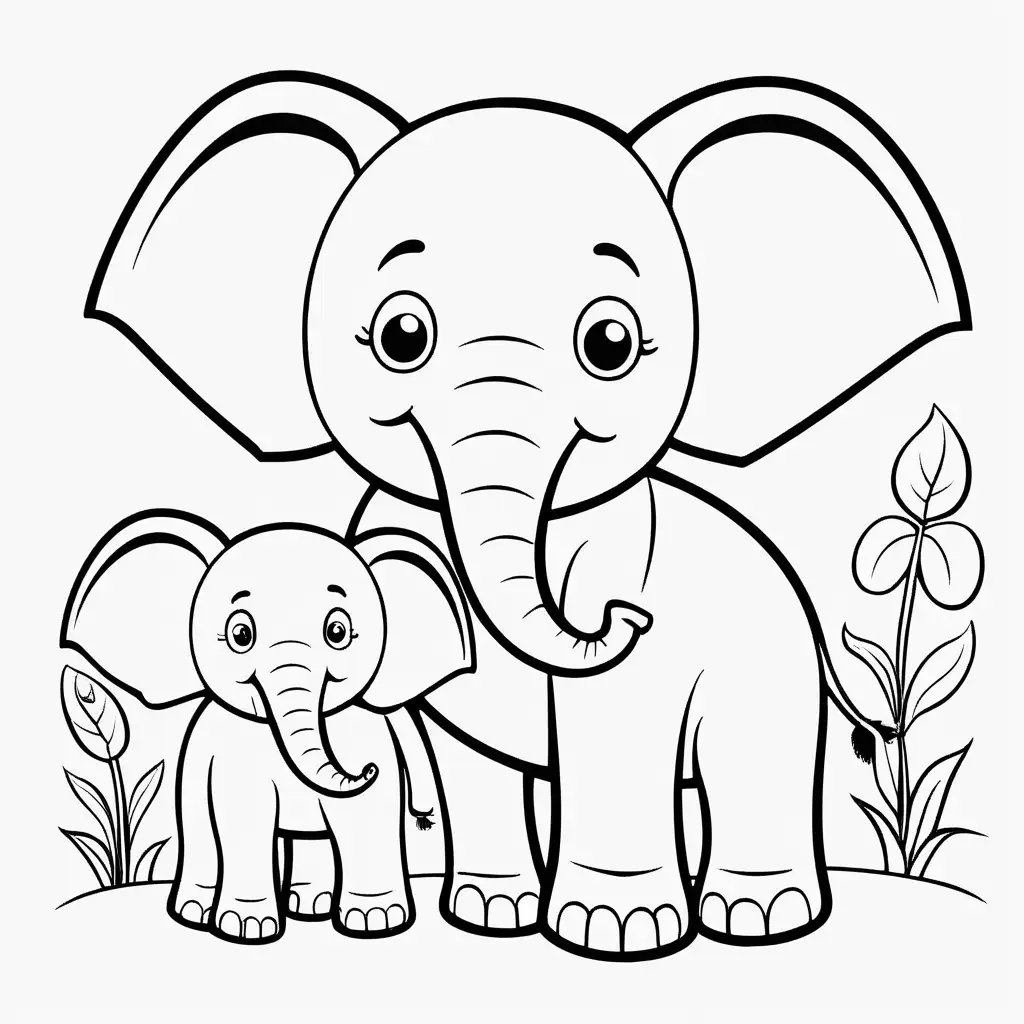 Create a coloring book page for 1 to 4 year olds. A simple cartoon cute smiling elephant and its parents with bold outlines. The image should have no shading or block colors and very little background, make sure the animal fits in the picture fully and just clear lines for coloring.