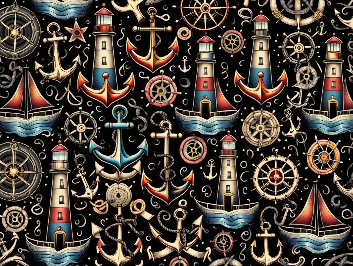 Pattern seamless, Oldschool tattoo Design, light house, sailing ship, anchor, colorful, black backround