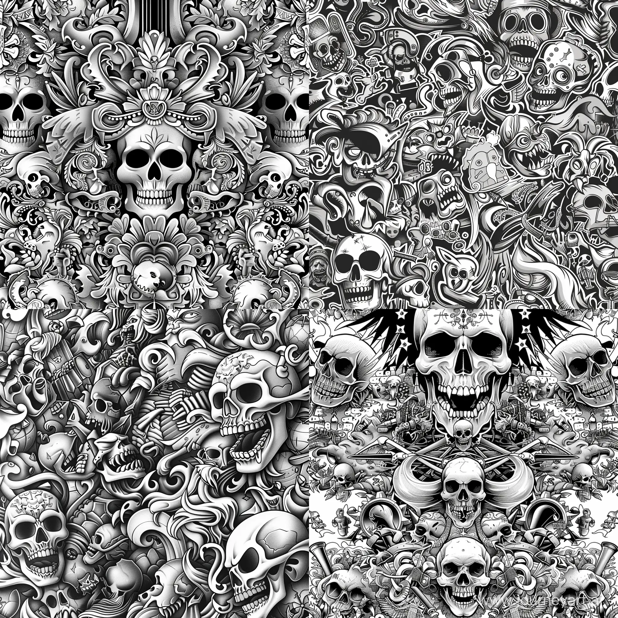 Sticker bomb style design in greyscale with a theme of heavy metal bands with very intricate details and a design that does not repeat itself with the overall appearance of a pattern you might find in a nature