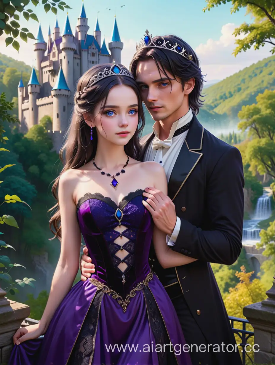 A girl with dark hair and blue eyes stands against the background of a castle in a forest thicket.  She is wearing a dark purple dress with black lace, jewelry and a silver tiara with purple stones. A guy with white hair and golden eyes, in a black tailcoat, hugs her around the waist.