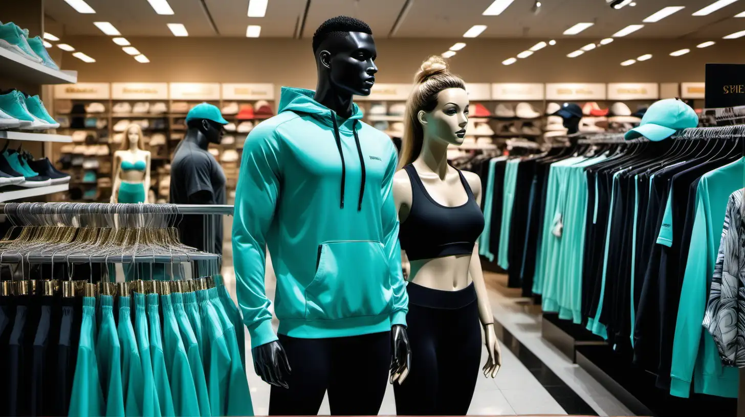 create a photo quality image of beautifully structured sports apparel such as wind breakers, sweat pants, caps, yoga tights and sports bras. the clothing is in  colours and abstract print designs of aquamarine, black and gold displayed on hangers and mannequins in an upscale sporting store. there is an attractive black male working the register wearing a black t shirt and aqua sweat pants. there are 2 customers a male and female of black desent shopping and looking at the items

Make it in Kodak Portra 400 quality.