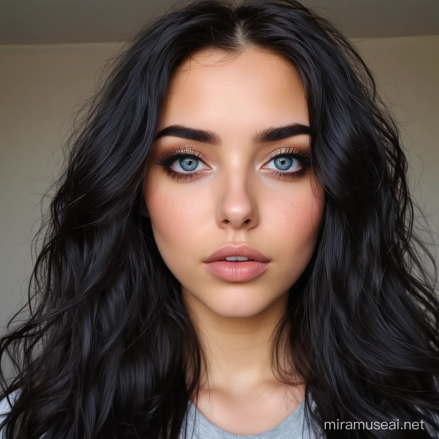 A girl with a round face, deep blue eye color,  snub nose, straight, thick black eyebrows, full lips and long black wavy hair, with no make up