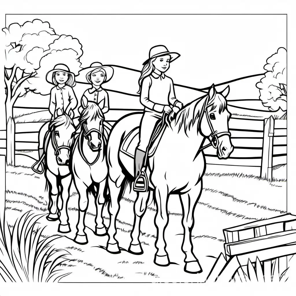 Young-Girls-Riding-Horses-on-a-Farm-Coloring-Page
