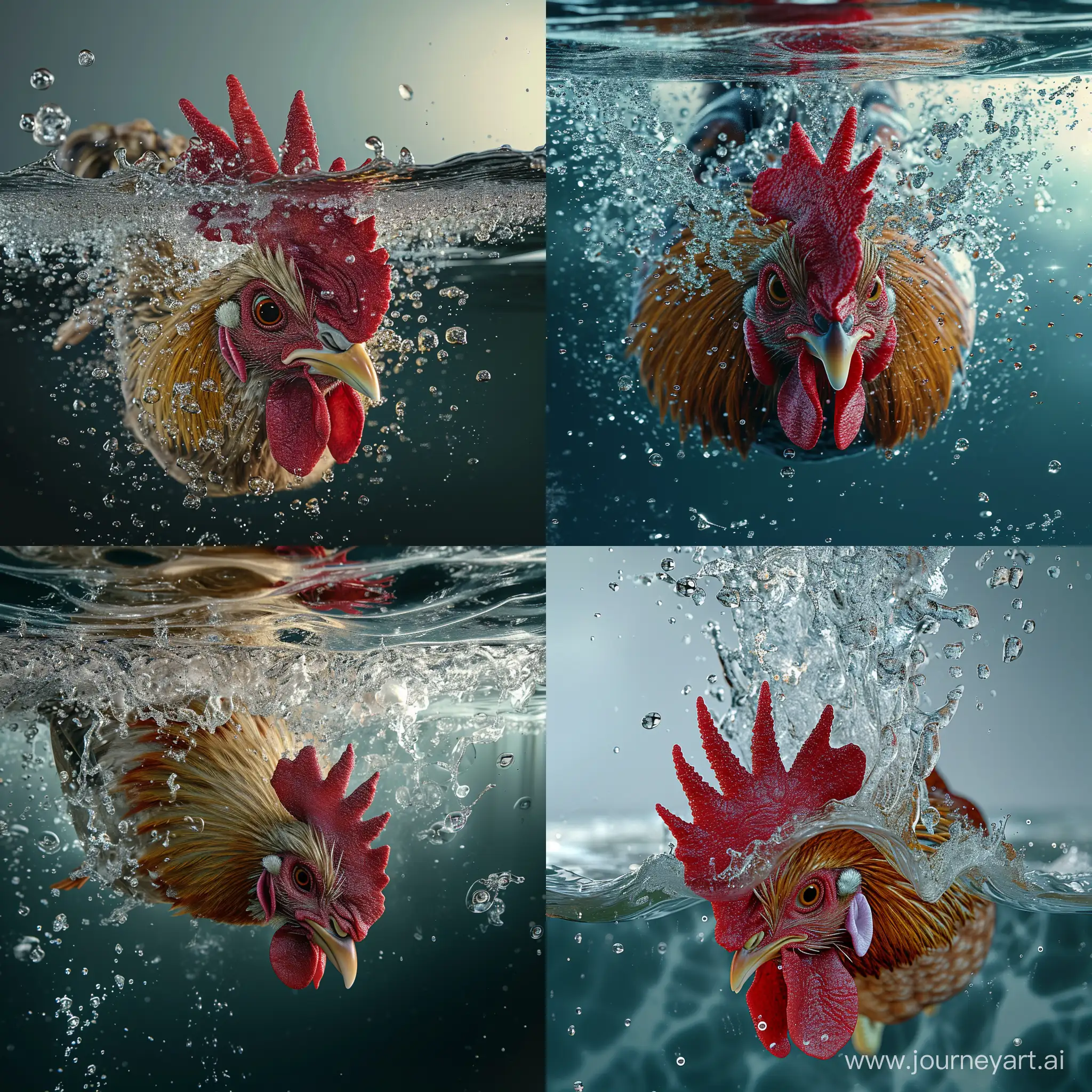 Hyper-maximalism, ultra detailed photorealistic a rooster is diving below the watersurface down into the water. This diving accompanied by a ripple and a big splash of water above the surface, slight skin imperfections of bubbles of air coming out from nose and mouth, final render.