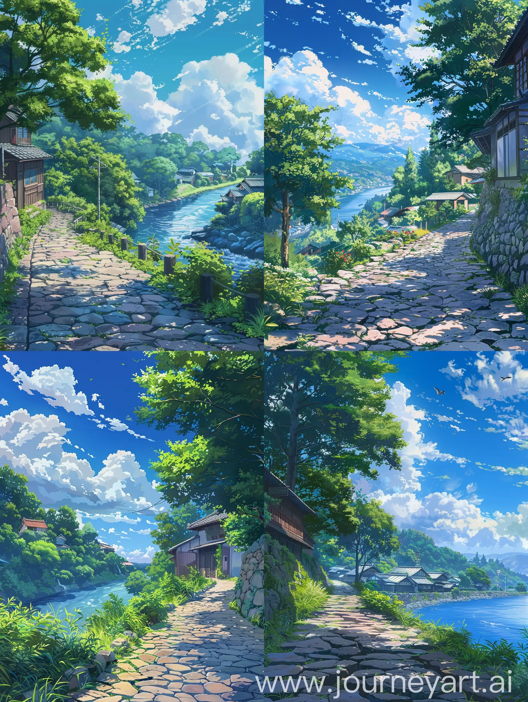 Beautiful anime style,Makoto Shinkai style and ghibli mix style,a beautiful path od stones,beautiful summers,beautiful blue sky,approaching the perfection,trees,windy,alongside a a river,some houses.
