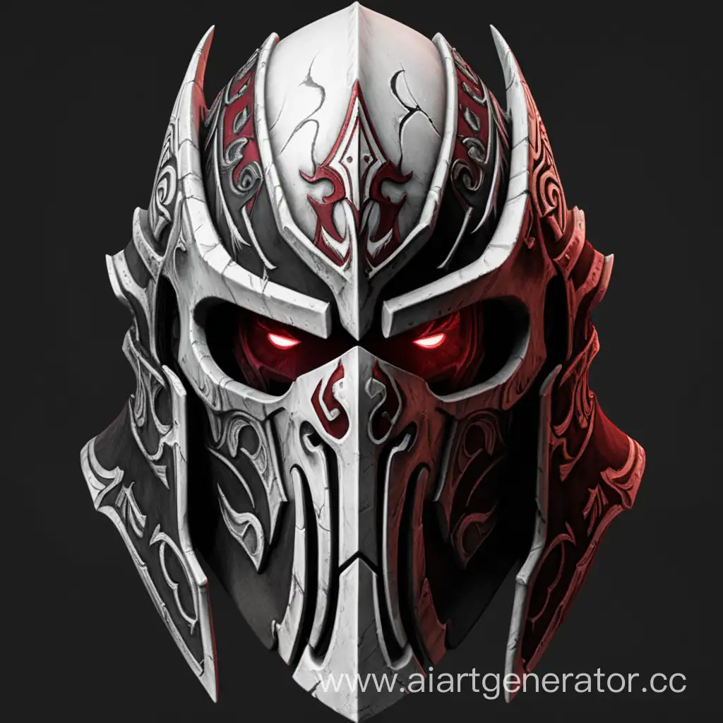 gerunox knight helmet mask darksiders dark red eyes,  black and white  magic elden symbols