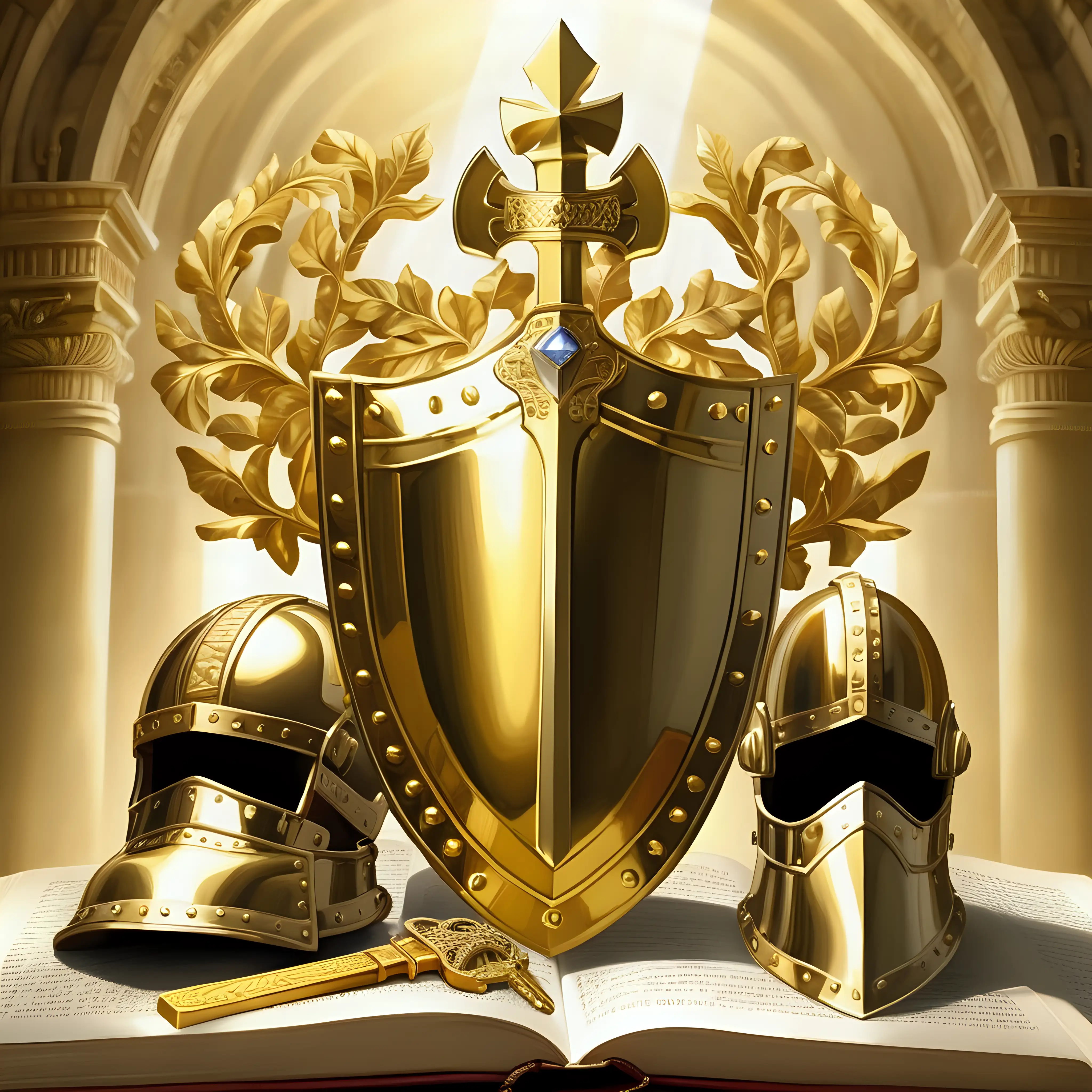 the word of god,Gold sword, Gold shield, Gold belt, Gold breastplate, gold shoes,Gold Armor, Gold crown, Gold keys, gold helmet