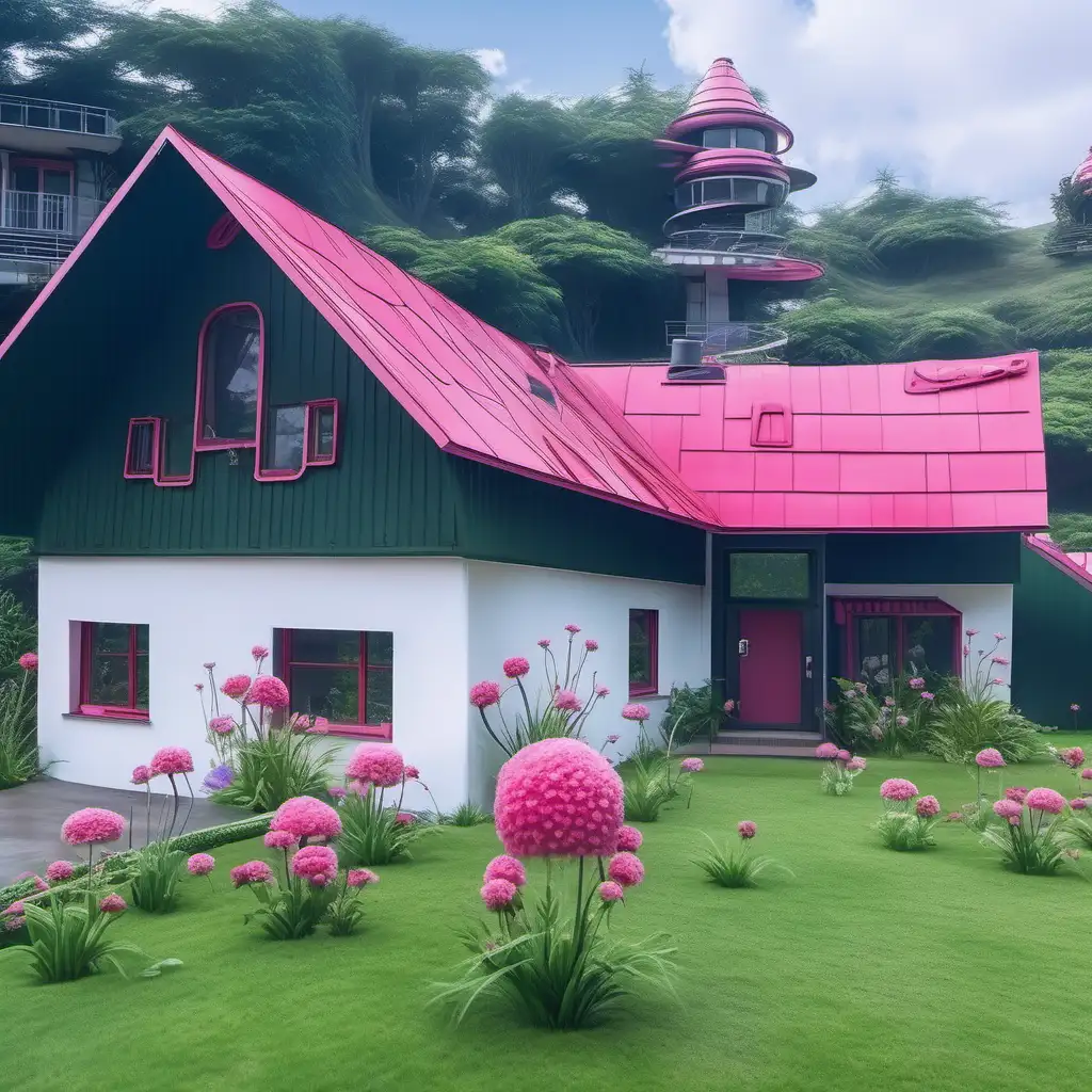 red roof, fantastic pink flowers on grass with green tentacles, big flying cars in the sky, 