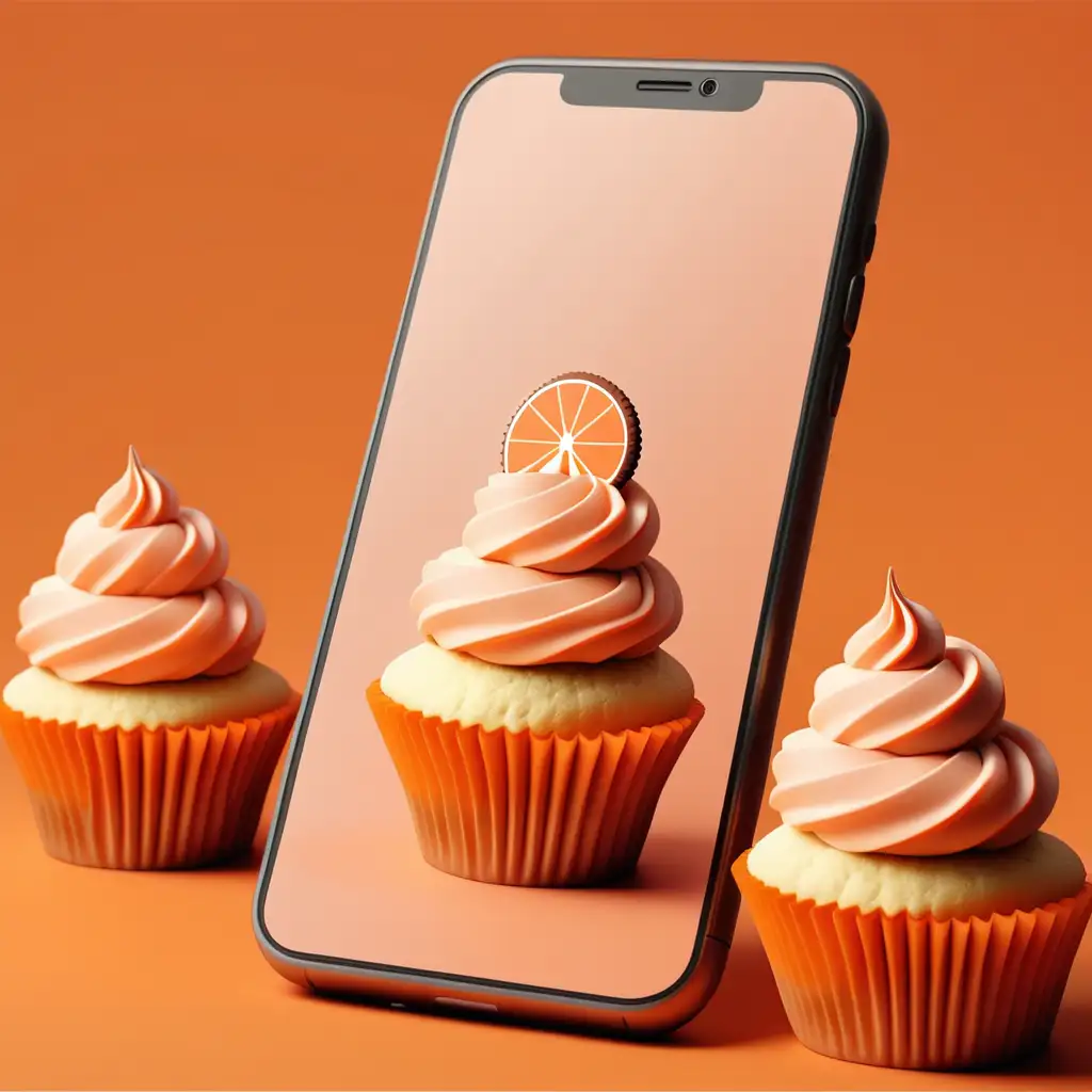 Imagen de una pantalla de celular que muestre un cupcake o algo asociado a una pastelería. Tonos naranjas, y es importante que se distinga el dispositivo móvil. Que el fondo sea de color sólido, agrega un elemento pequeño asociado a ecommerce