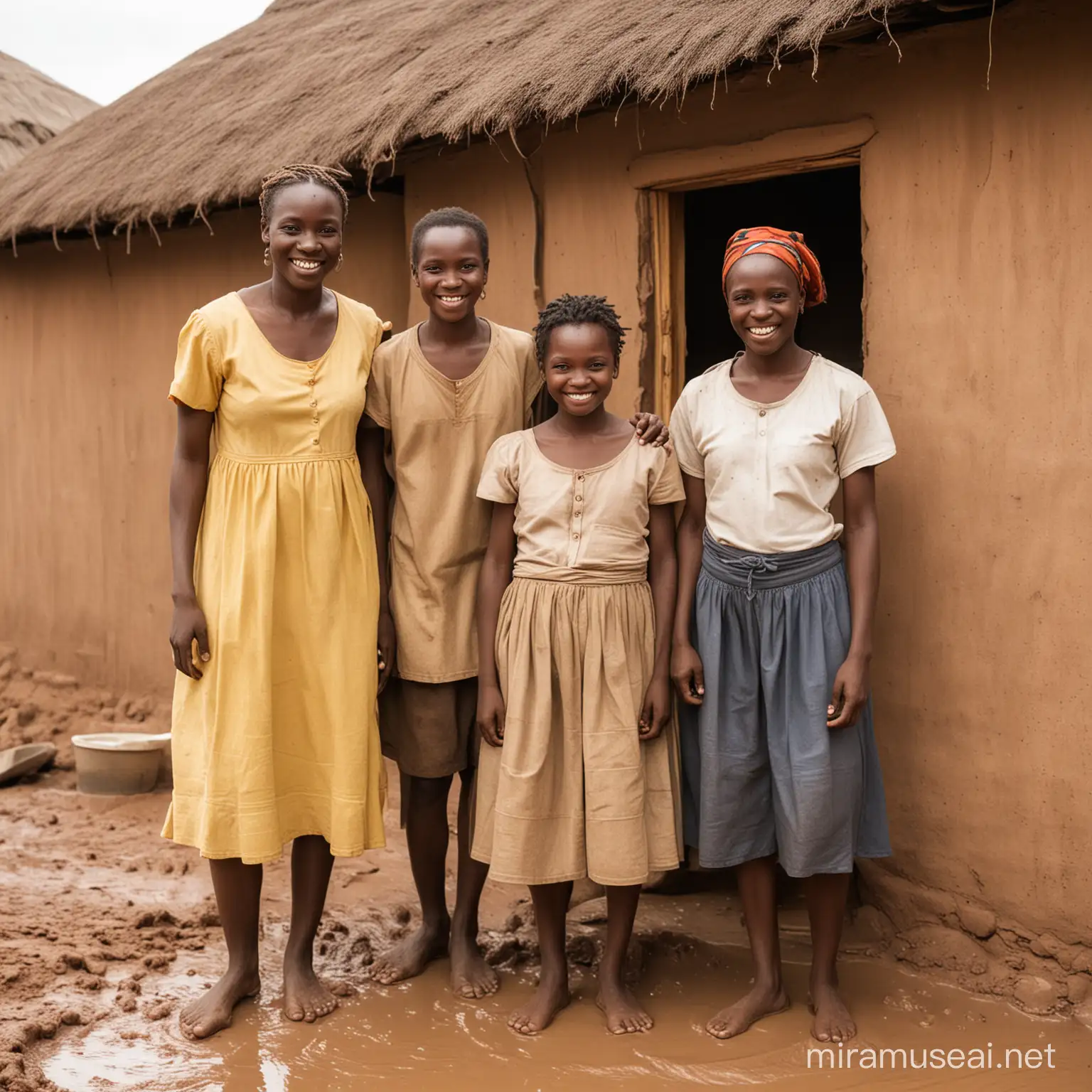 African Polygamous Family Joyfully Residing in Traditional Mud Hut