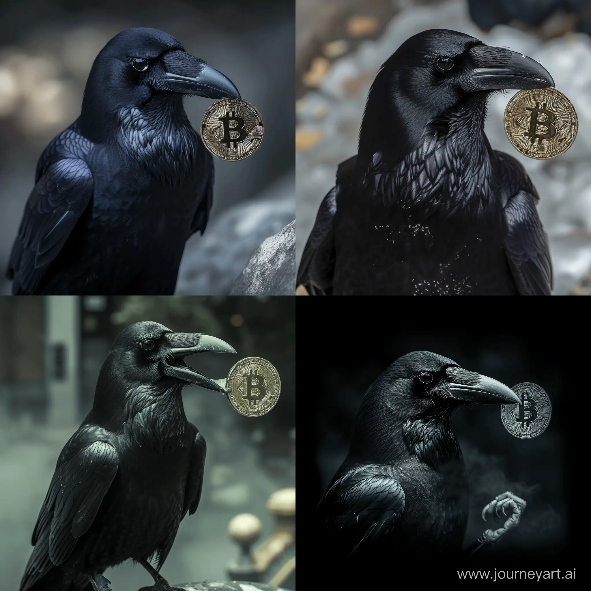 crow holding a bitcoin coin in its beak cyberpunk