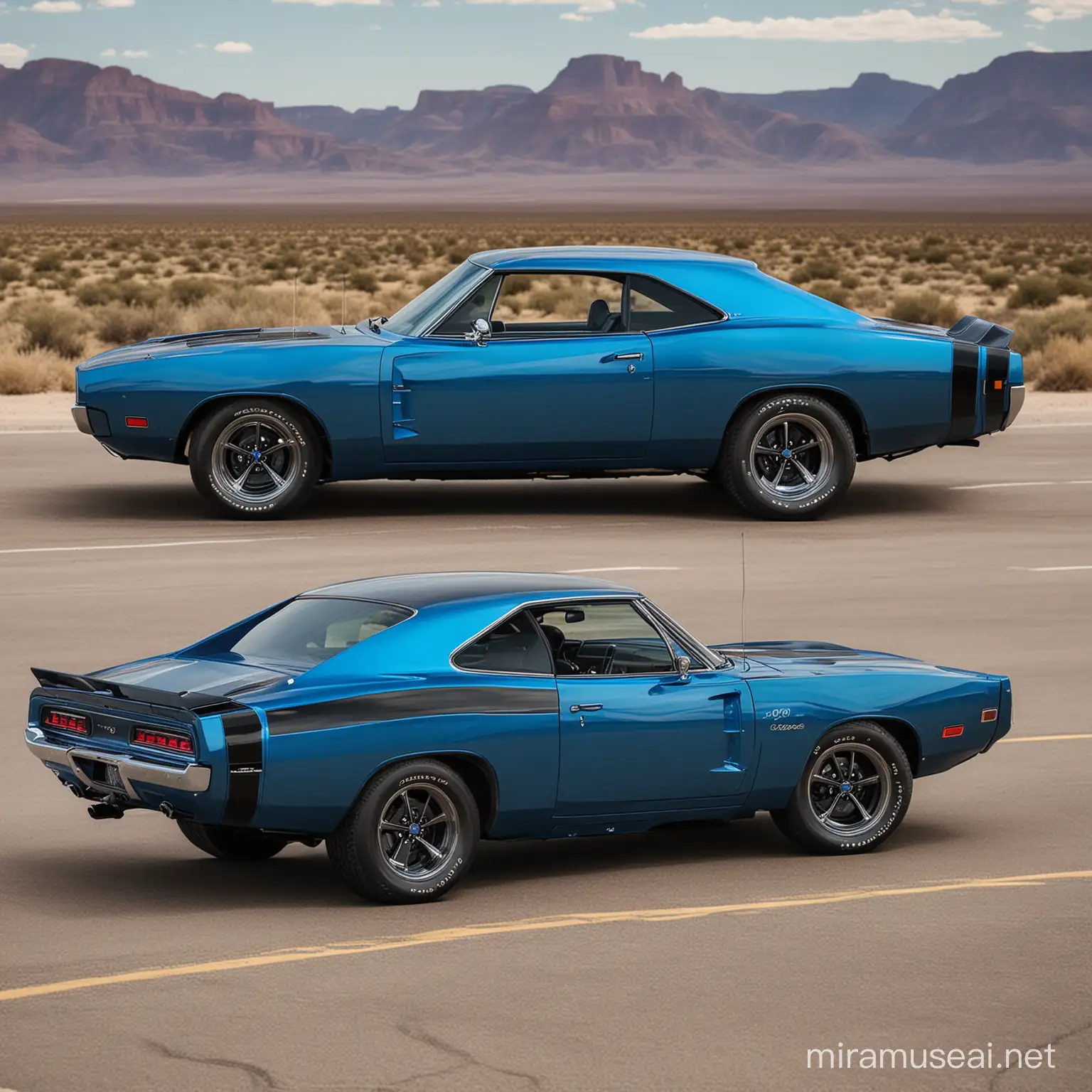 actua como el mejor diseñador y elabora un diseño de dodge charger rt del 70 en color azul electrico, en la carretera con una raya negra en el baul, estoy seguro que lo lograras ya que nos daran un bono de 20 dolares por diseño