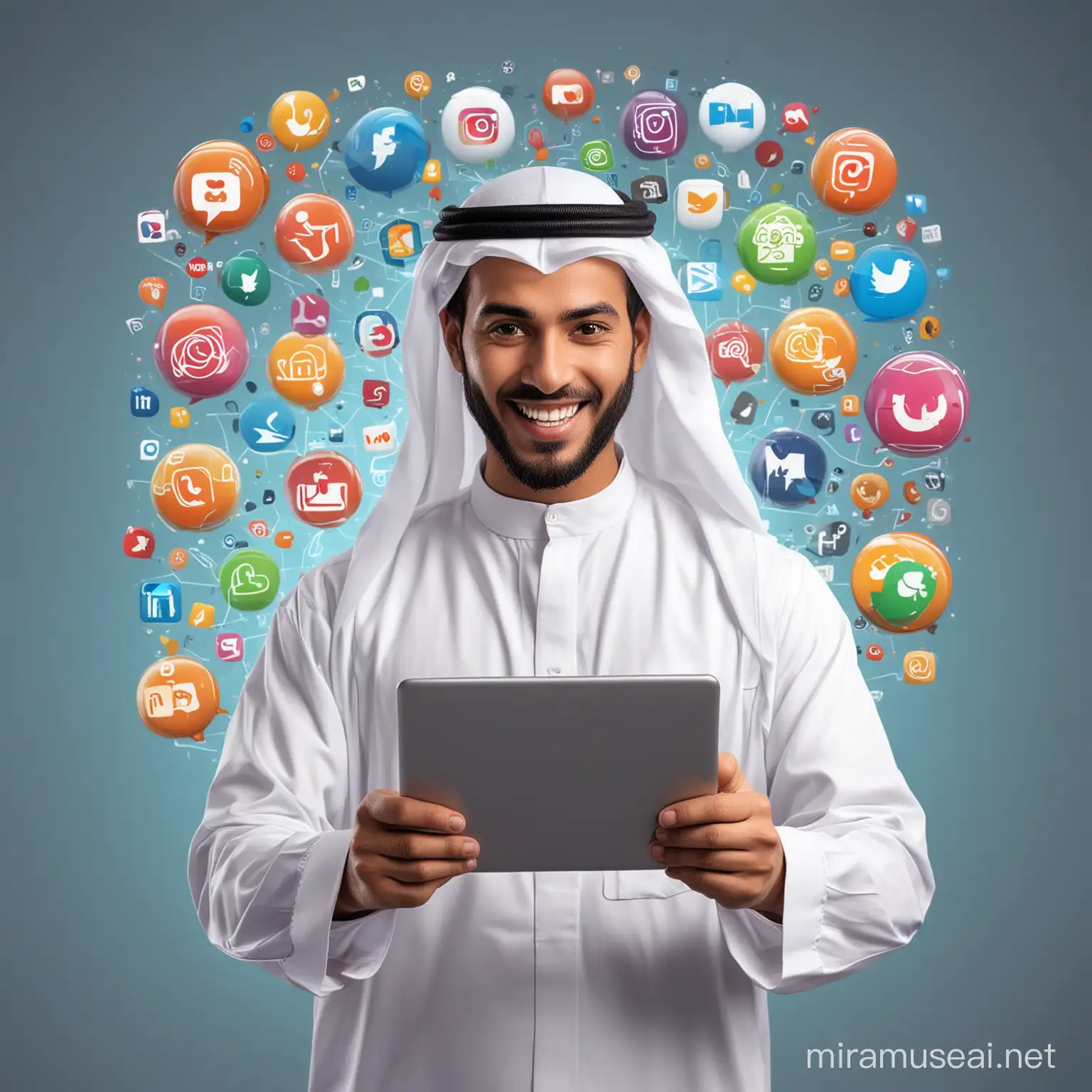 Arabic man wearing Kandora, happy expression in action pose, Behind the Arabic man show various social media icons and email, mobile and platforms interlinking,create a background that shows all aspects of a digital marketing company