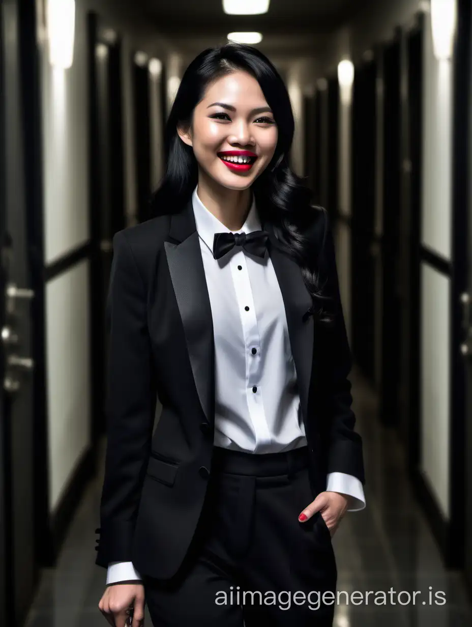 A beautiful smiling and laughing Vietnamese woman with long black hair, and lipstick, mid-twenties of age, is in a dark hallway walking toward the viewer.  She is wearing a tuxedo with a black jacket and black pants.  Her shirt is white with double French cuffs and a wing collar.  Her bowtie is large and black.   Her cufflinks are large and black.  Her high heels are black and shiny.