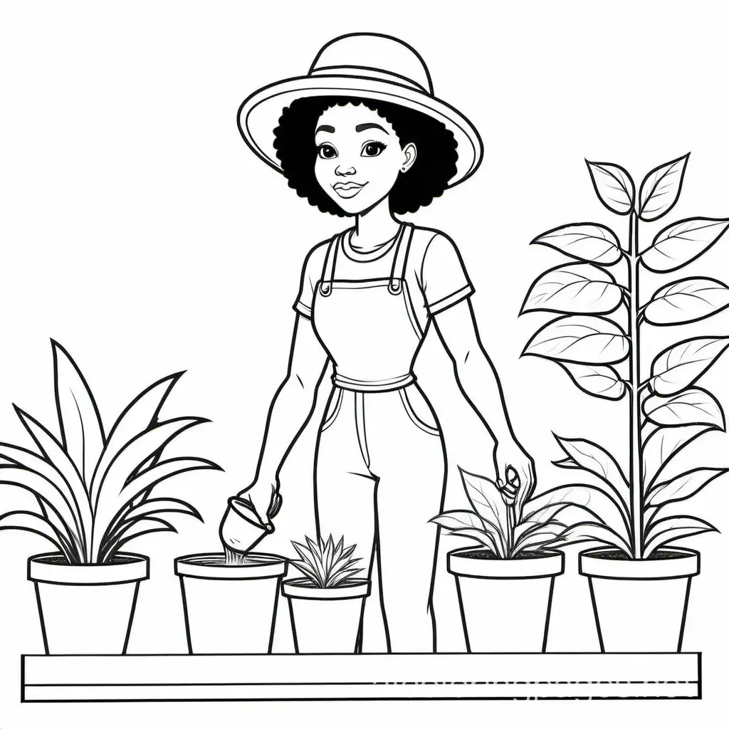 black and white coloring pages with black women watering her plants

, Coloring Page, black and white, line art, white background, Simplicity, Ample White Space. The background of the coloring page is plain white to make it easy for young children to color within the lines. The outlines of all the subjects are easy to distinguish, making it simple for kids to color without too much difficulty