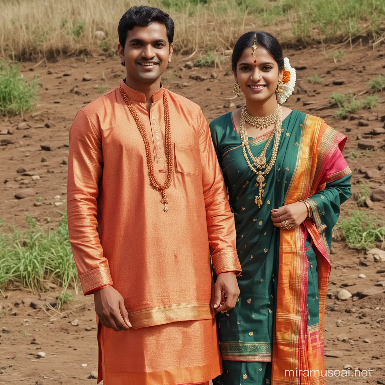 Indian village women wearing Maharashtrian saree and jewellery  and men wearing safed kurta pajama both are married 