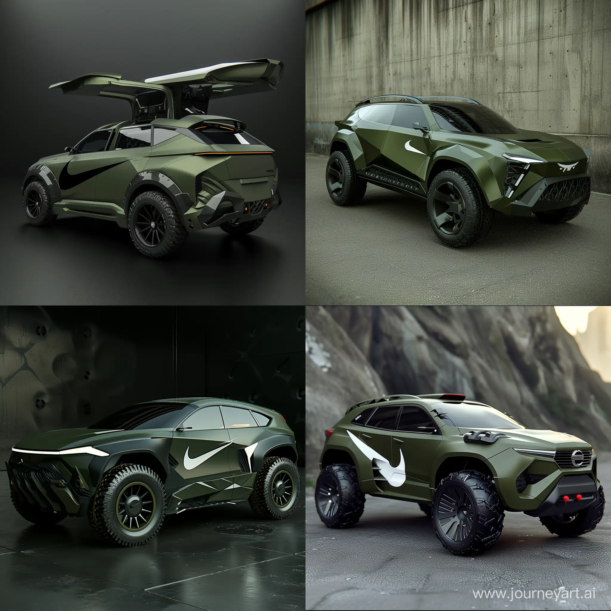 A Futuristic SUV Car Powered by Nike, Military Design, Hunter Green Theme, 3d Render, Product Photography, Hyper Realistic, High Precision