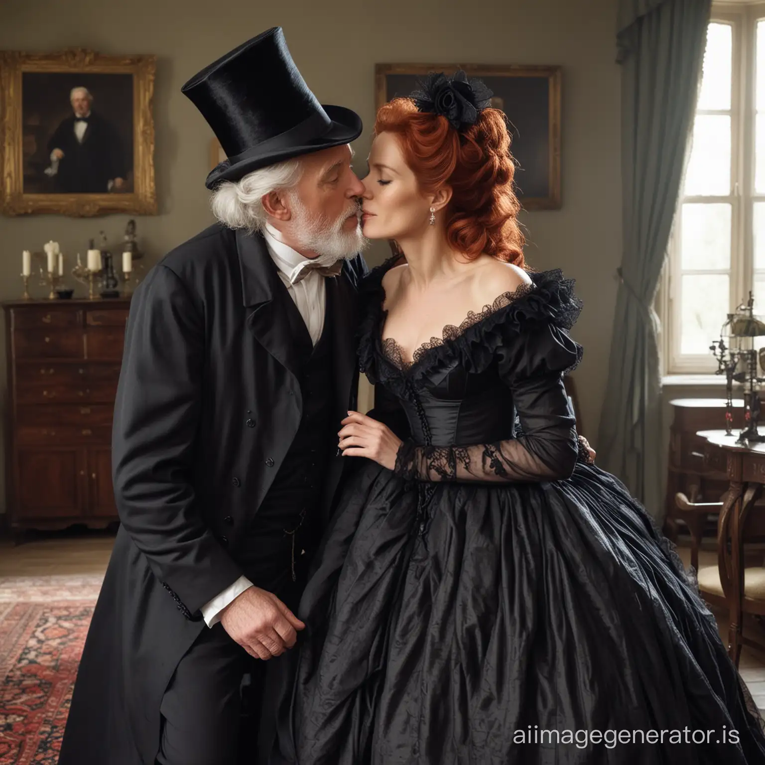 red hair Gillian Anderson wearing a poofy black floor-length loose billowing 1860 Victorian crinoline dress with  a frilly bonnet kissing an old man who seems to be her newlywed husband