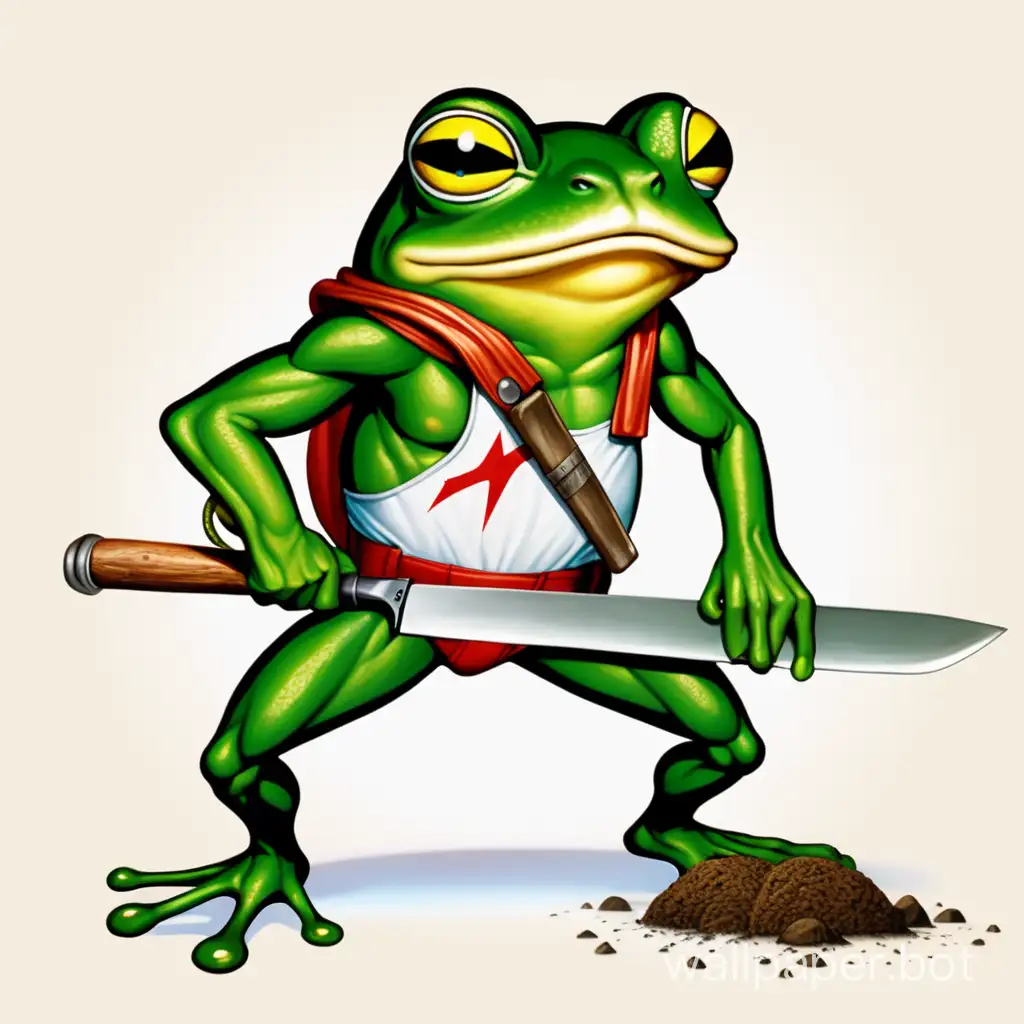 The field worker frog with a machete. A strong hero. The body of a human with a frog head and hands holding a machete. Look at the superhero and the frog. Combine these images to create one strong frog-human.