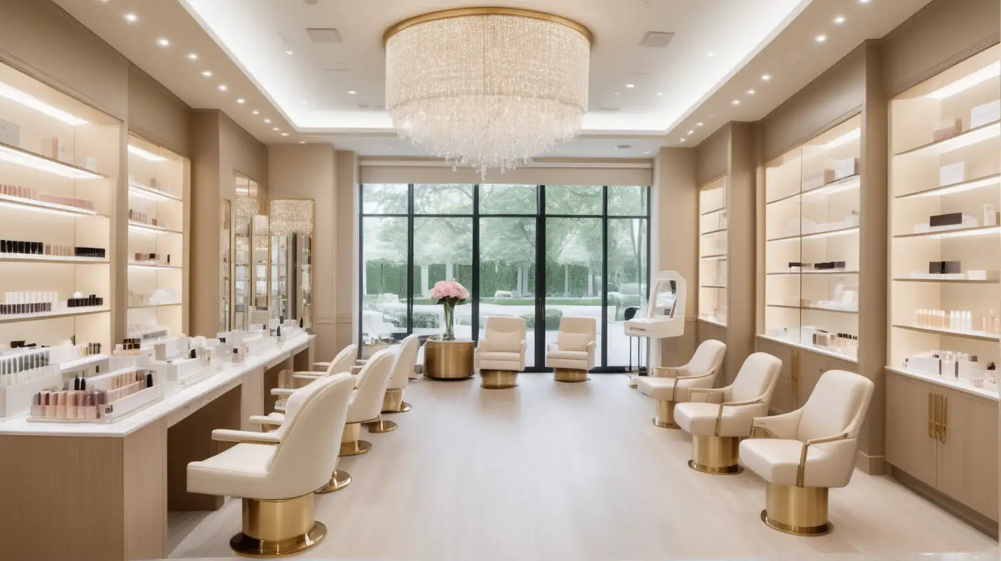 Modern Parisian, large beauty treatment boutique; built in display storage with beauty products, crystals and wellbeing items displayed; check-in desk; elegant lighting; treatment chairs; floot to ceiling windows with a view of the gardens; beige, light oak, brass, ivory colour palette