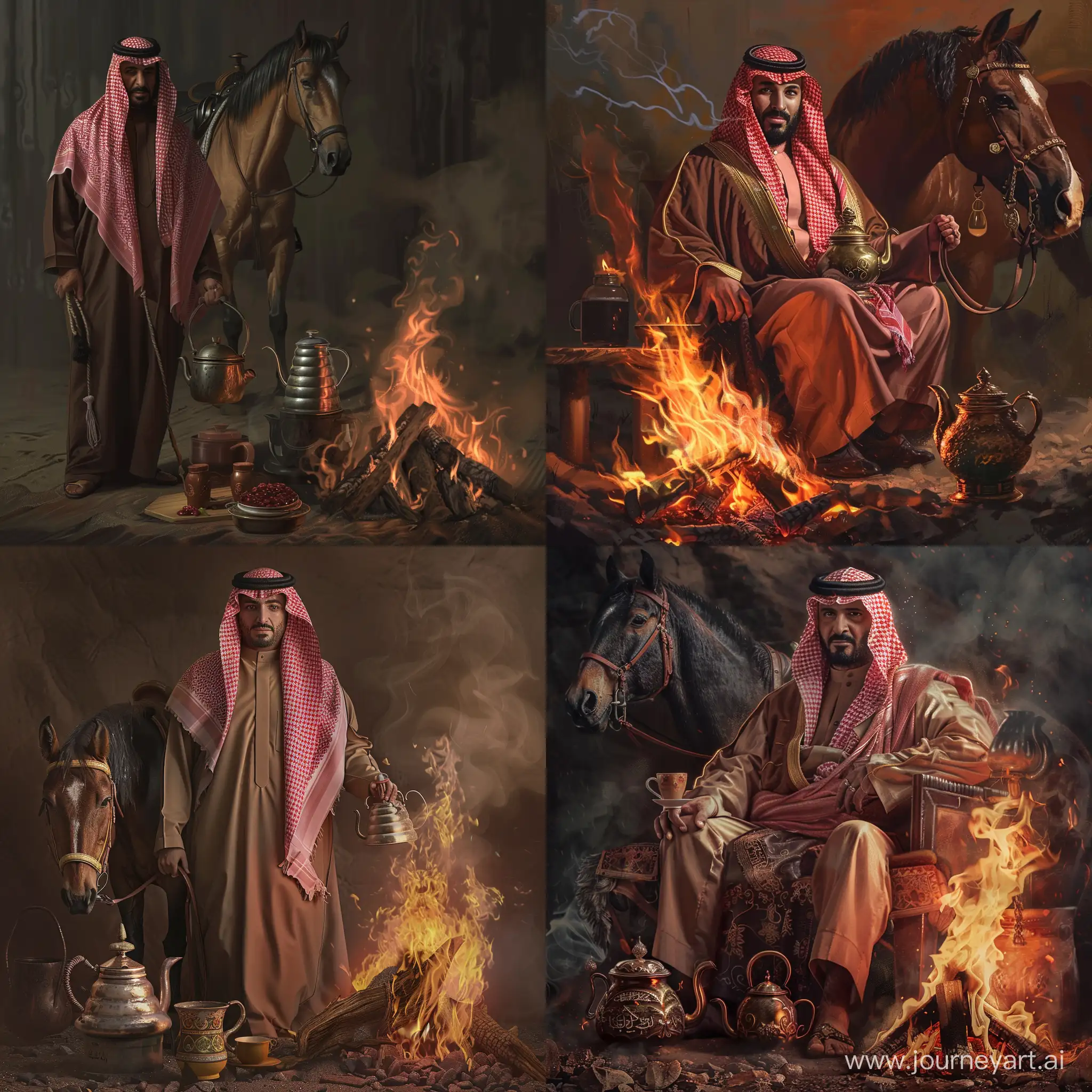 ابي صورة رجل سعودي،بجانبة دلة قهوة وابريق شاي ،ونار وحصان