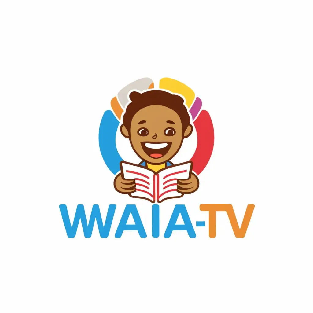 a logo design,with the text "WAIA-TV", main symbol:a kid holding a workbook, smiling,Moderate,clear background