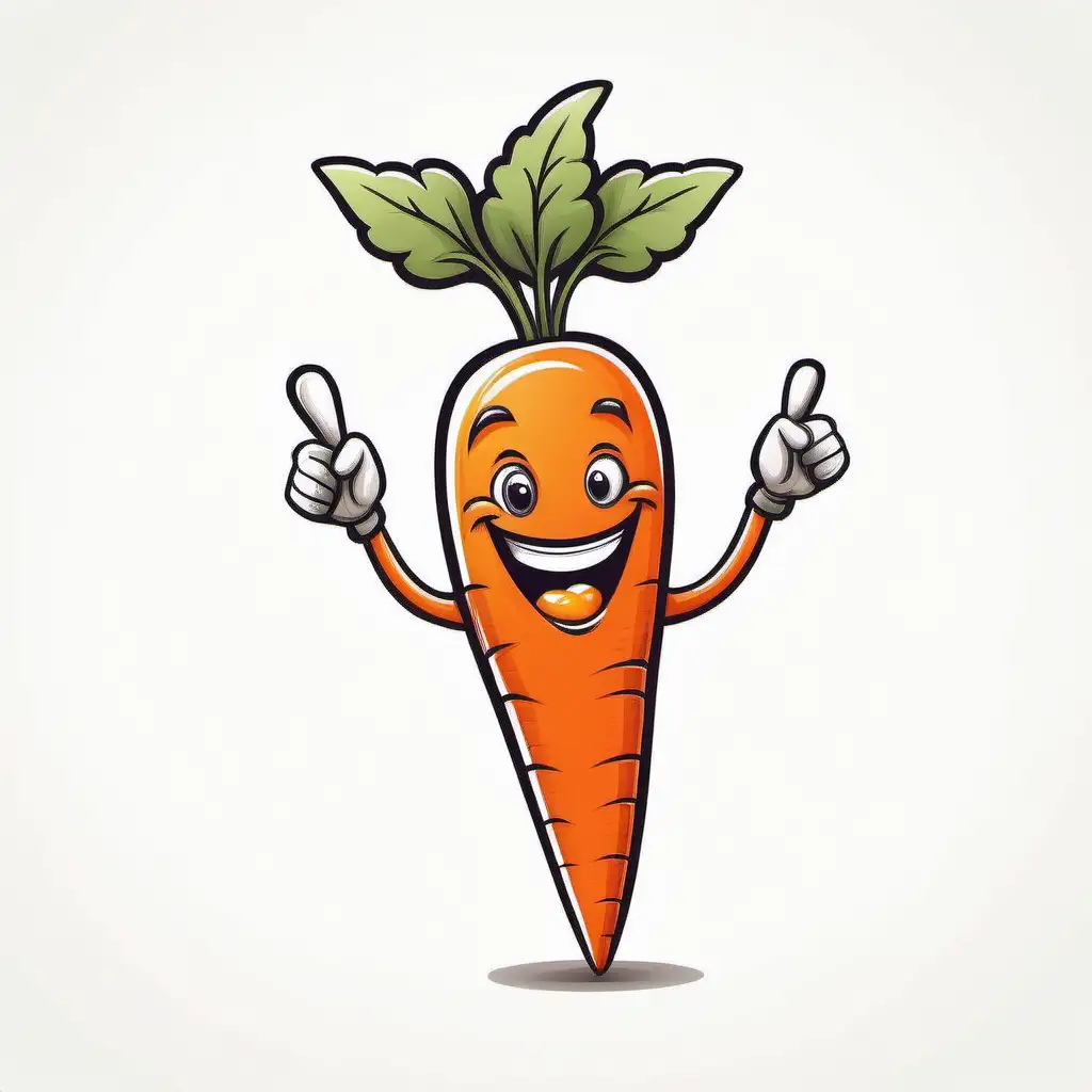 cartoon drawing of a carrot with big happy smile with orange word VEGAN cartoon drawing, white background